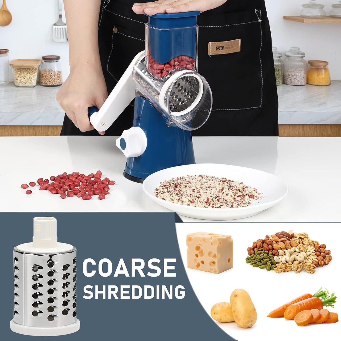 KEOUKE Rotary Cheese Grater with Handle - 3 Changeable Blades for Cheese, Vegetables, Nuts - Blue
