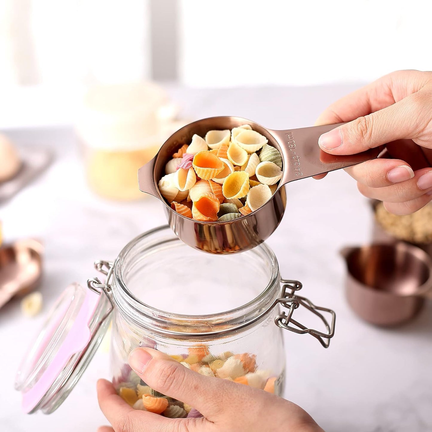 Copper Measuring Cups and Spoons Set (19PCS Set - Antique Copper Plated), 8 Measuring Cups, 9 Measuring Spoons, 1 Leveler and 1 Magnetic Measurement Chart, Stackable for Easy Storage with Gift Box