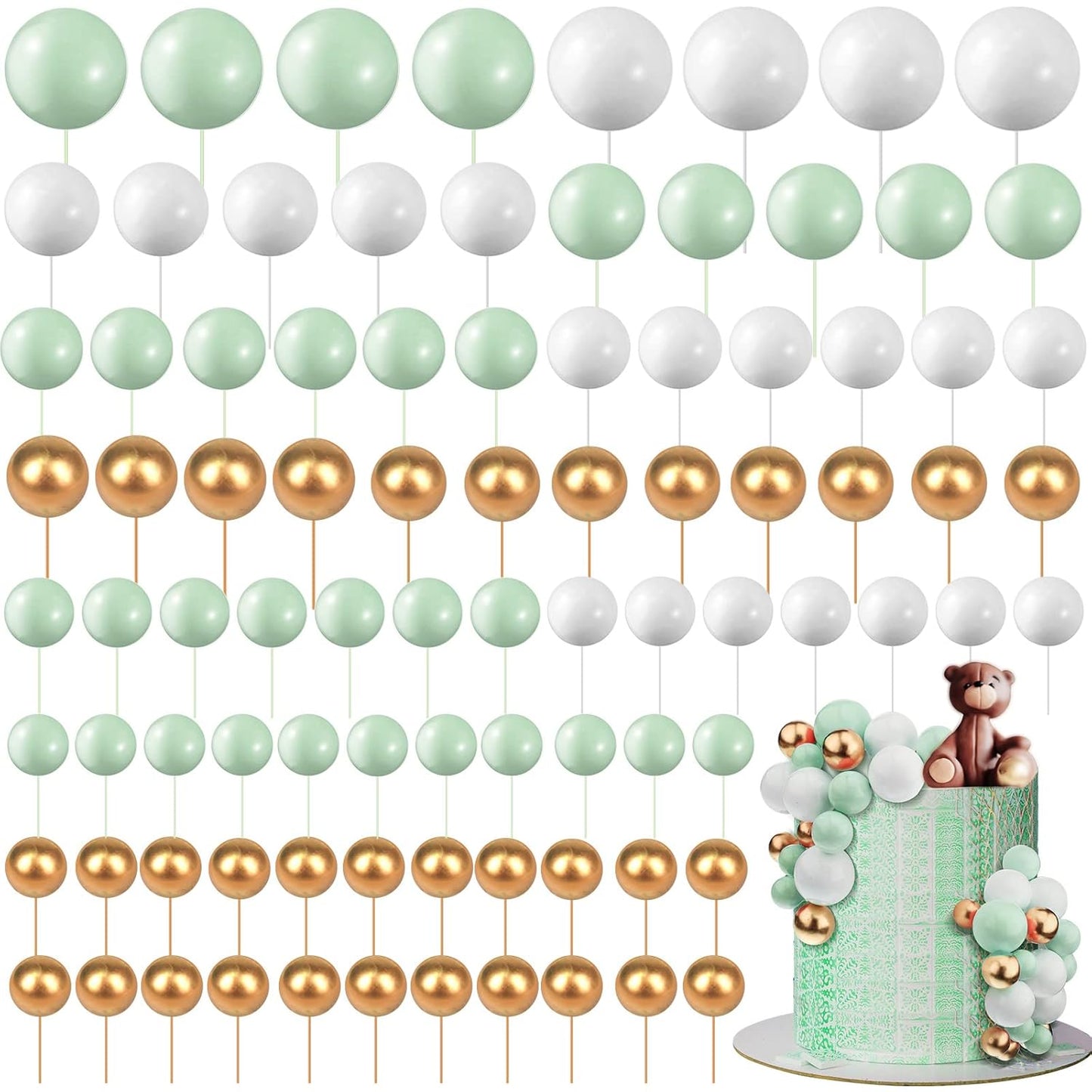 108 Pcs Balls Cake Topper DIY Cupcake Insert Foam Balloons for Cake Baking Wedding Anniversary Birthday Decoration(White, Green, Gold,Multi Sizes)