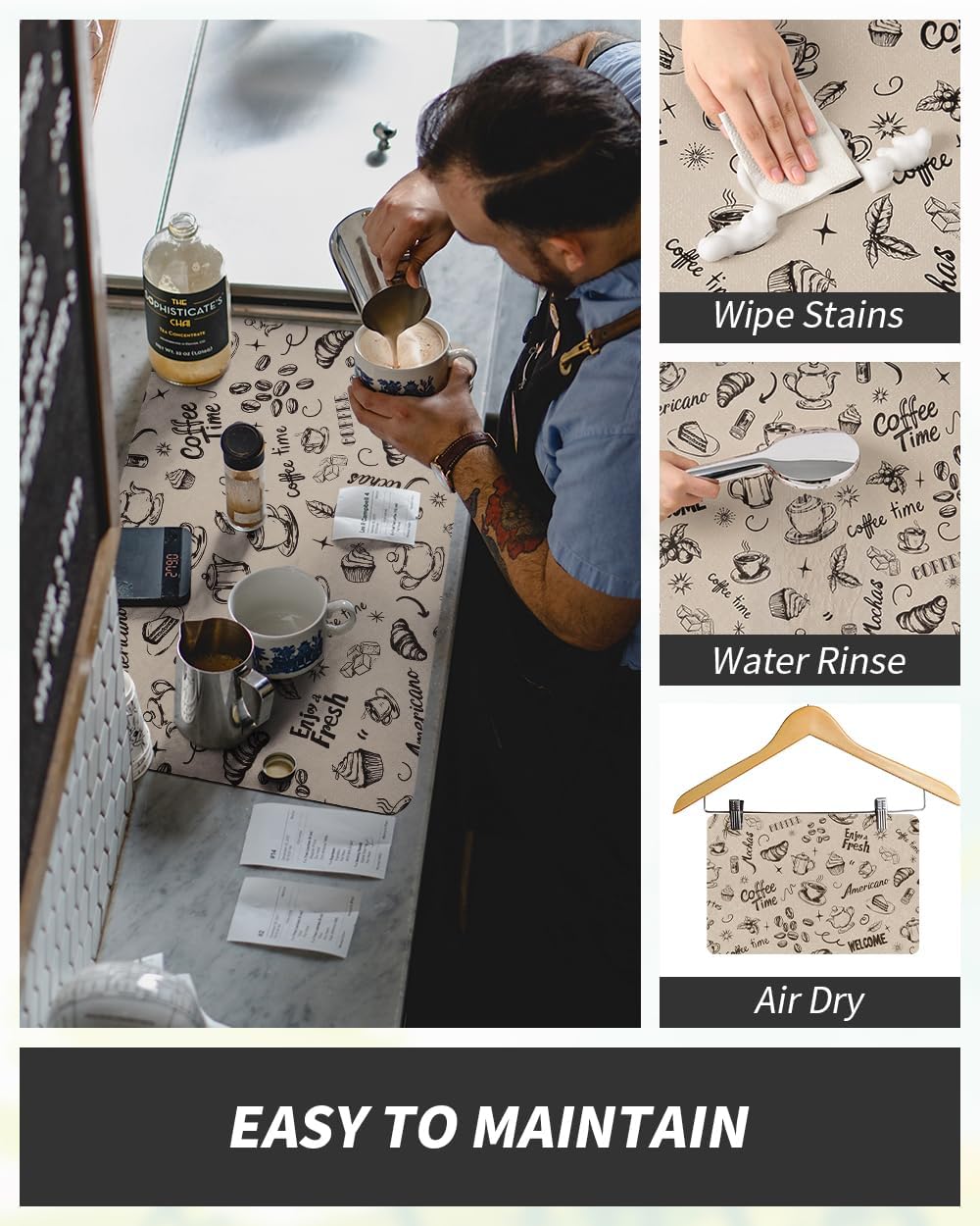 AMOAMI Coffee Mat Hide Stain Rubber Backed Absorbent Dish Drying Mat for Kitchen Counter - Fits Under Coffee Maker & Espresso Machine (16X24, MILK TEA)