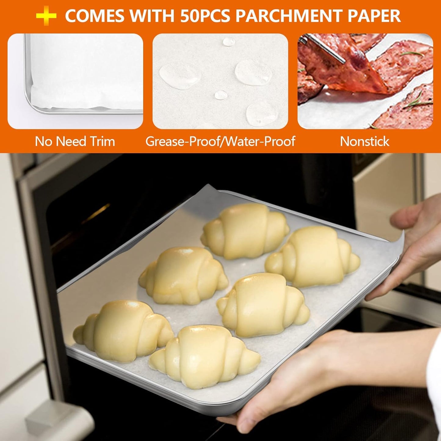 Small Baking Sheet Set of 2, E-far 9.4”x7.3” Toaster Oven Stainless Steel Cookies Sheet Pan with 50 Parchment Paper, Rectangle Mini Baking Tray for Cooking, Rust Free & Heavy Duty, Dishwasher Safe