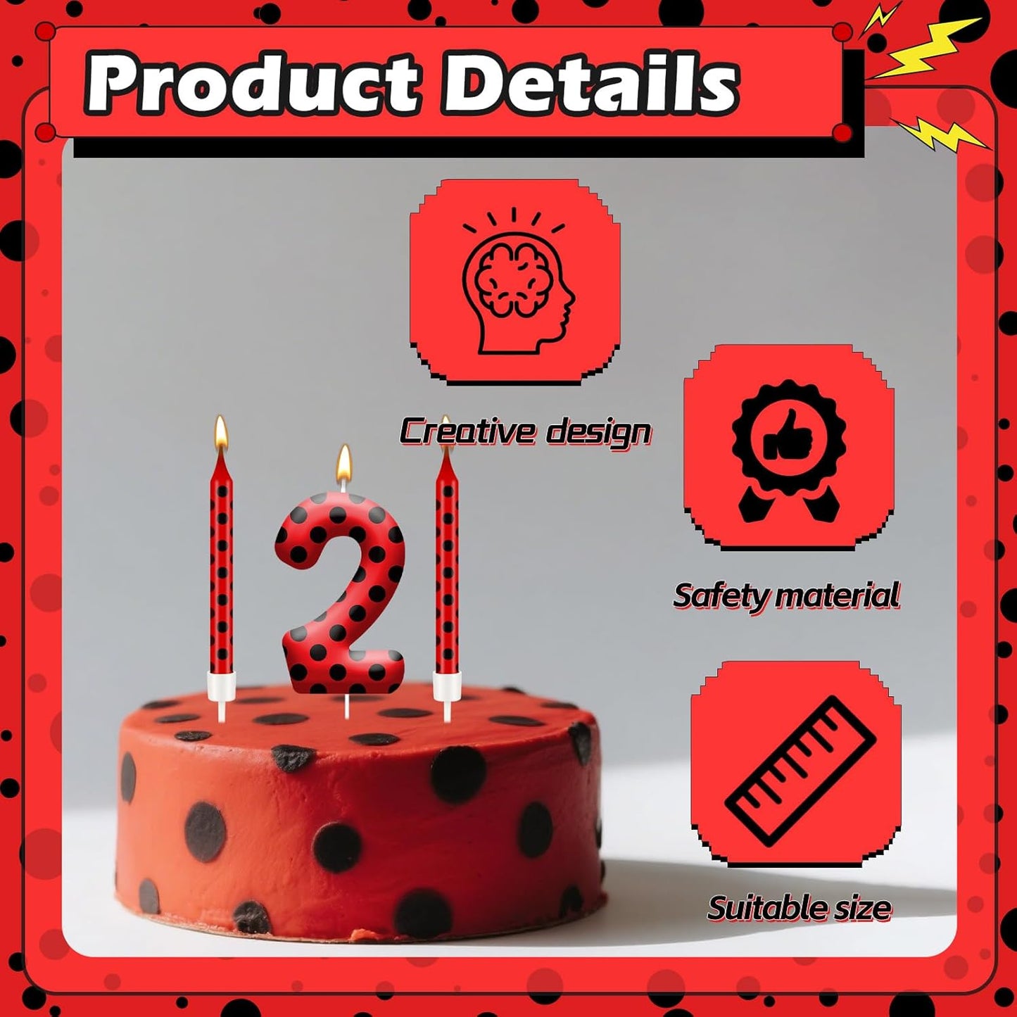 13PCS Ladybug Theme Birthday Candles Set - Red & Black Polka Dot Decorative Candles for Kids Ladybug Themed Parties, Baby Showers, Birthday Cakes, and Ladybird Inspired Celebrations(Number 2)