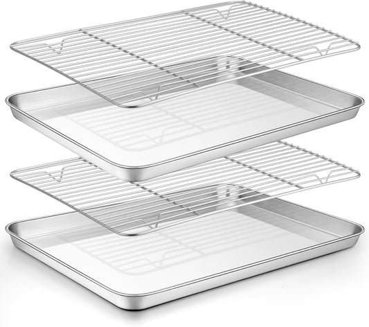 TeamFar Baking Sheet with Rack Set (2 Pans + 2 Racks), Stainless Steel Baking Pan Cookie Sheet for baking, Non Toxic & Healthy, Easy Clean & Dishwasher Safe - 4 Pack