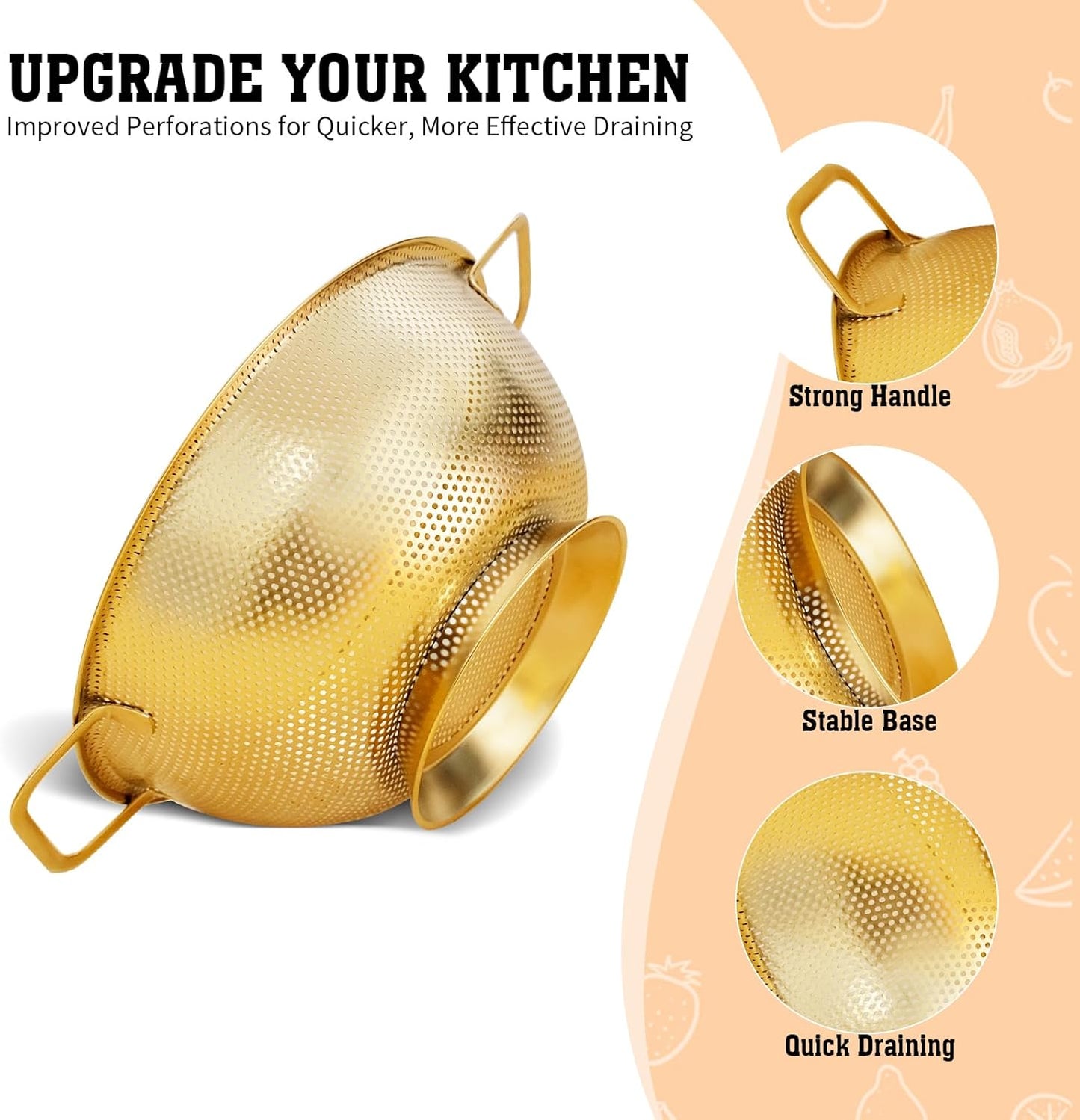 3 Pcs Stainless Steel Gold Colander and 3 Pcs Fine Mesh Strainer Set,1/3/5 Quart Metal Mesh Basket with Handles for Kitchen, Draining Pasta, Rinsing Fruit, and Cooking (Gold)