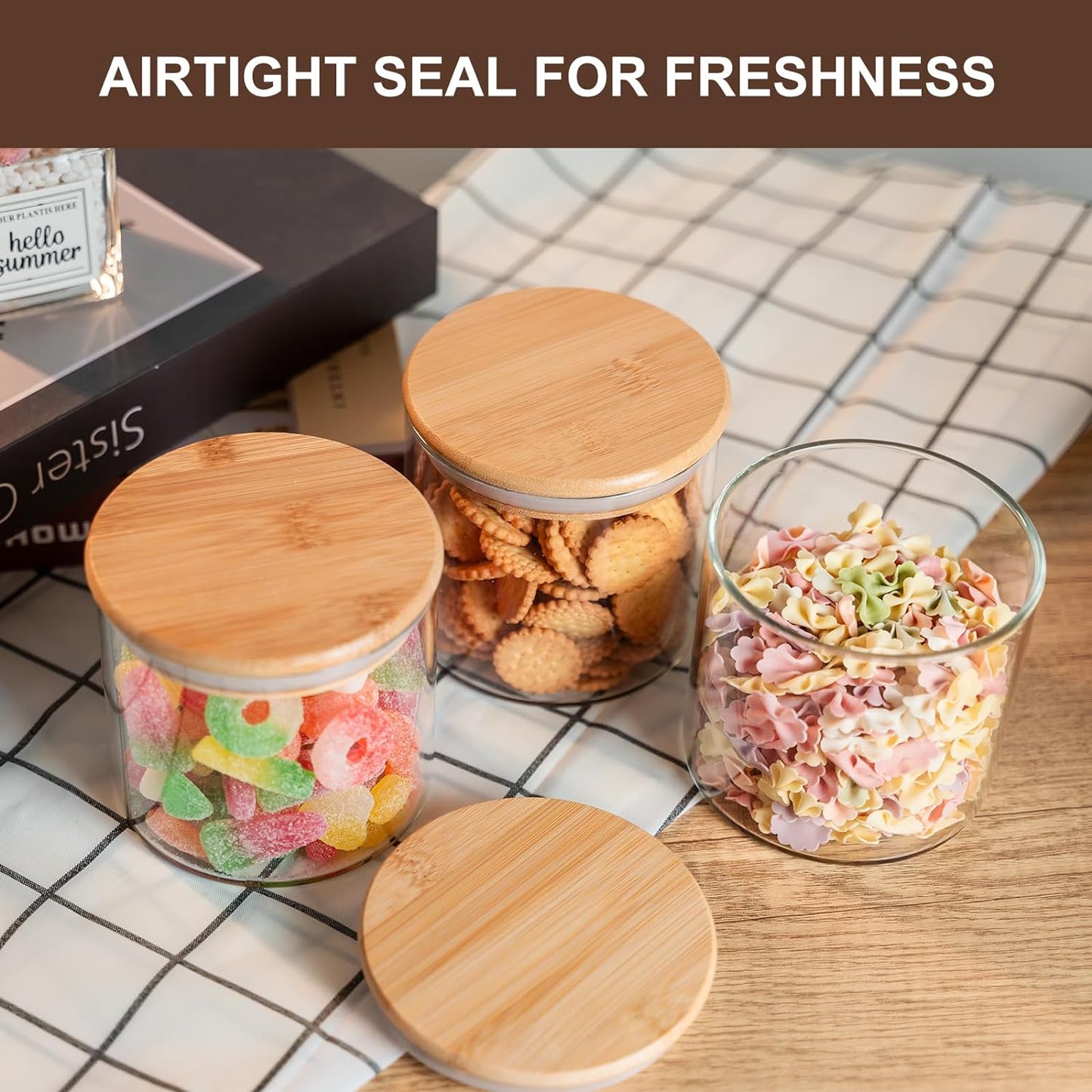 Glass Food Storage Jars 6-Pack - 4x4 in-Clear Glass Food Canisters with Bamboo Lid Airtight For Serving Tea, Coffee, Flour, Sugar, Candy, Cookie, Spice and More (Circular)