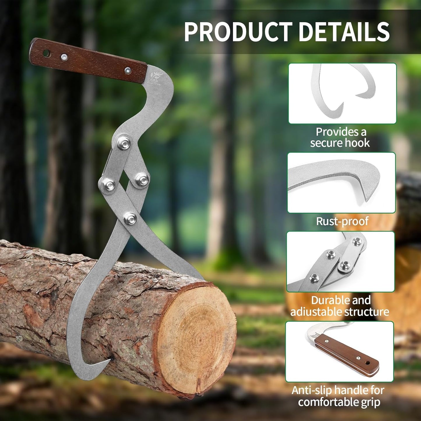 12 Inches (300MM) Log Tongs Firewood Tong with Handle Non-Slip, Claw Log Lifting Tool for Lifting, Handling, Dragging and Carrying Logs,Wood Handle 2 Claw Skidding Tongs