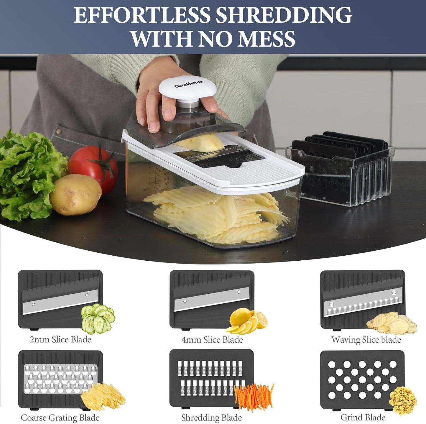 Ourokhome Food Chopper with Container, Manual Mandolin Vegetable Slicer Onion Dicer with 8 Blades, Hand Veggie Shredder for Potato, Tomato, Essential Kitchen Gadgets (8 in 1, White)