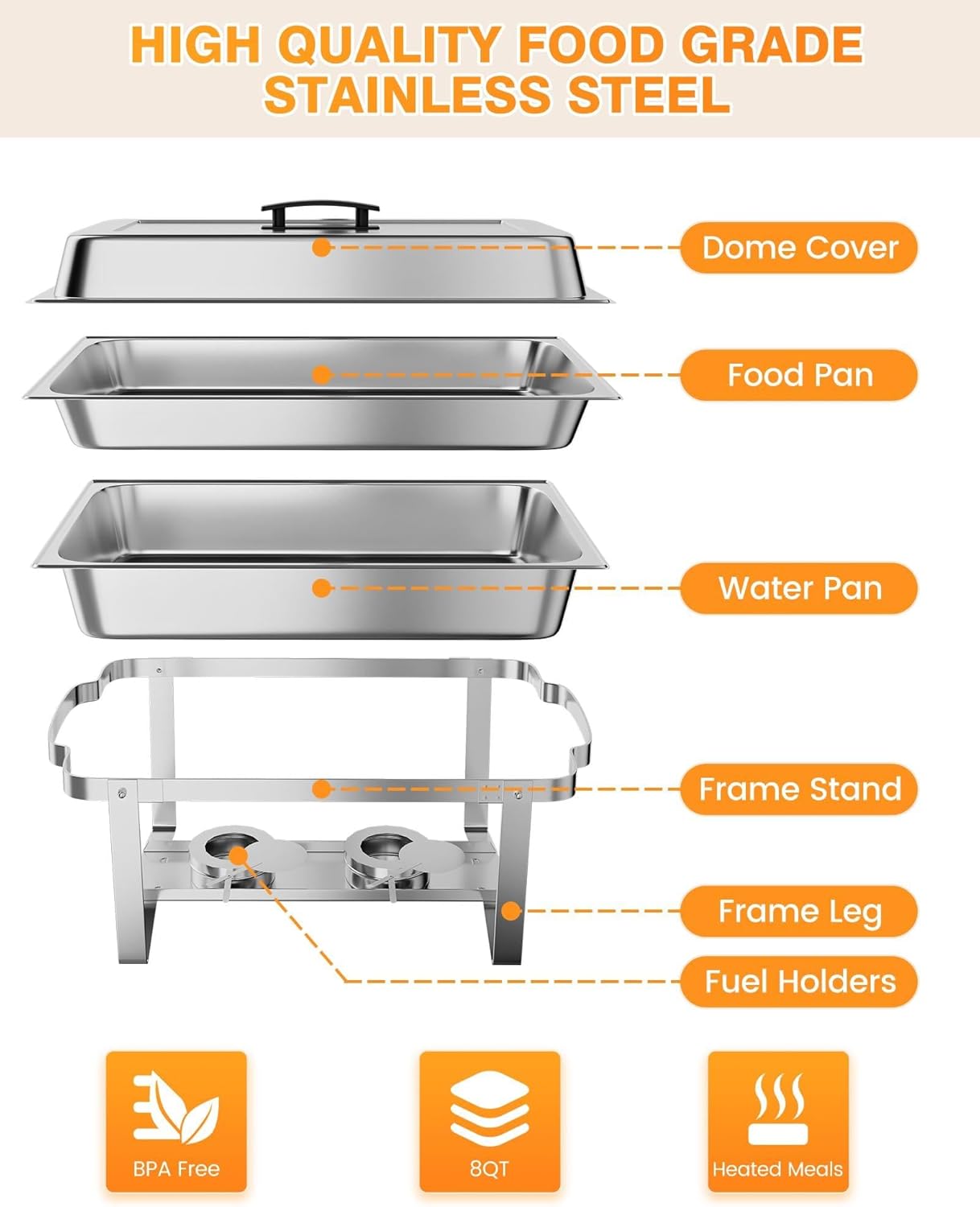 GarveeHome Chafing Dish Buffet Set 4 Pack, 8 QT Food Servers and Warmers Stainless Steel Chafer with Water Pan for Weddings, Parties, Banquets, and Catering