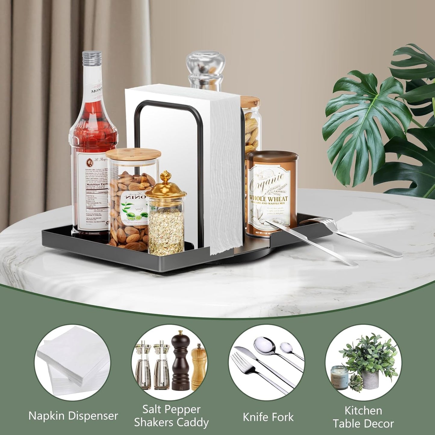 Napkin Holder for Table, Rotating Napkin Dispenser with Salt and Pepper Shakers Storage, Metal Paper Towel Holder for Table, Kitchen Countertop, Dining Table Decor Black Not Including Shakers