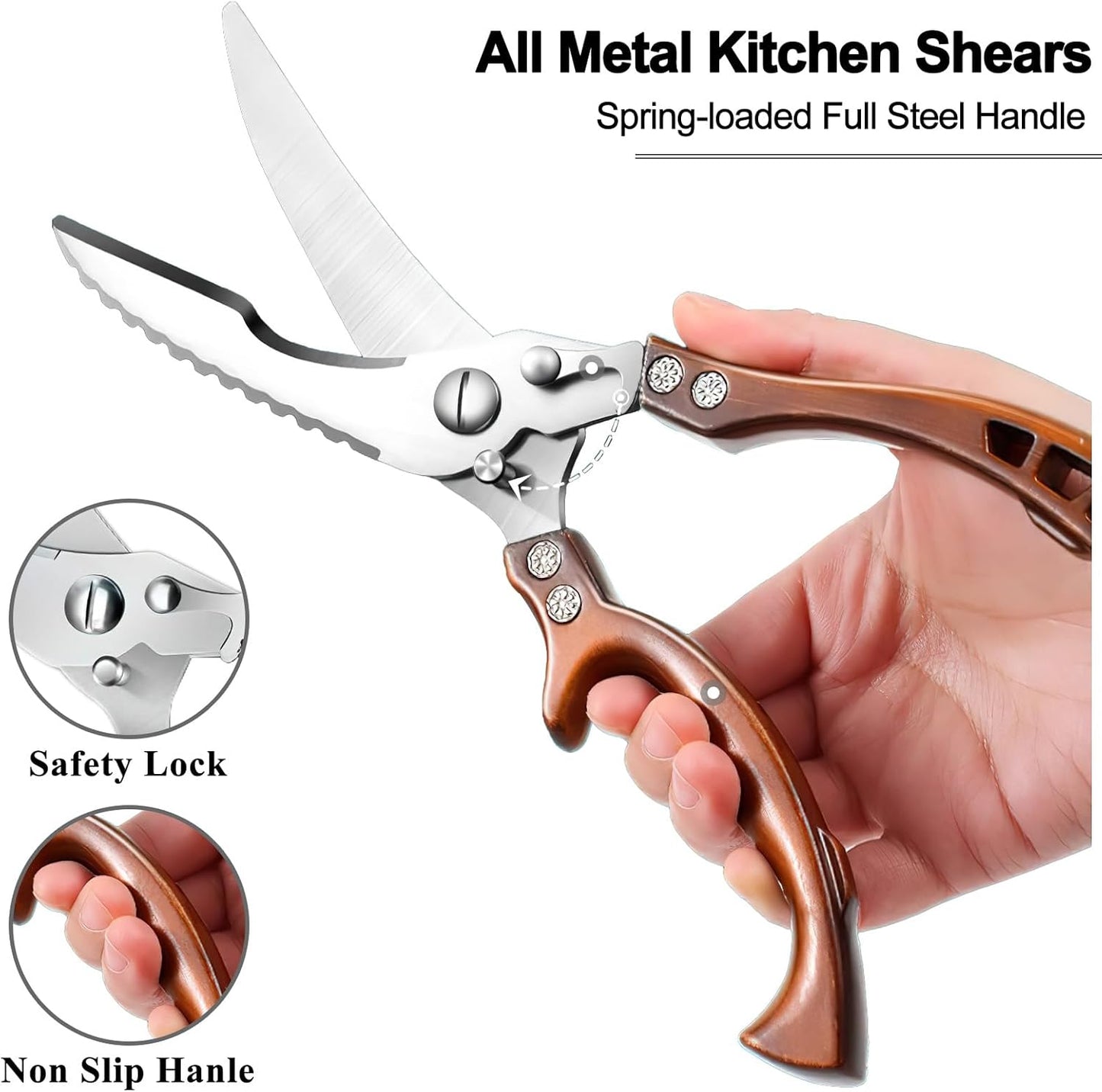 Poultry Shears Heavy Duty Professional, Multipurpose Kitchen Shears with Sheath, Spring-Loaded Stainless Steel Chef Scissors Cutting Bone, Chicken, Fish, Food, Meat, Full Steel Handle Brown