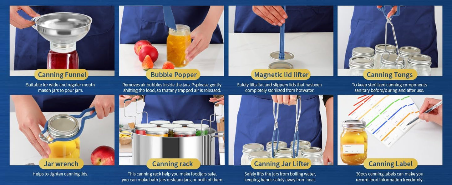 Canning Supplies Starter Kit,Canning Kit for Beginners of 12 with Rack，Silicone Oven Gloves，Jar Lifter，Funnel,Wrench,Tongs,Lid Lifter,Bubble Popper,Labels,ladle,Measuring spoon-G12-Blue