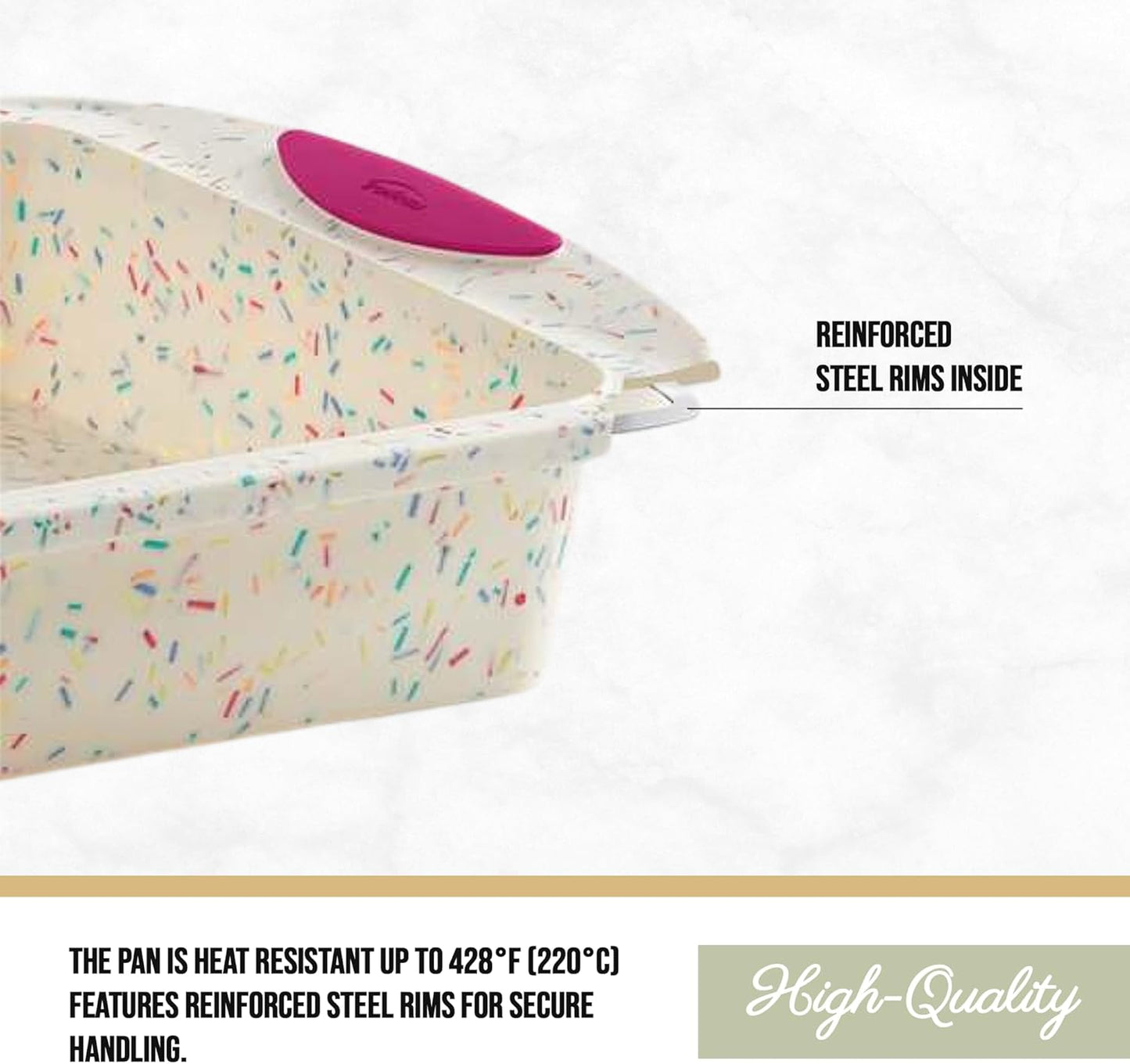 Trudeau 8x8in Confetti Silicone Cake Pan – Reinforced Hybrid of Flexible Silicone and Hard Lining for Shape Stability – Nonstick, BPA Free, Oven Safe to 428°F, and Dishwasher Safe