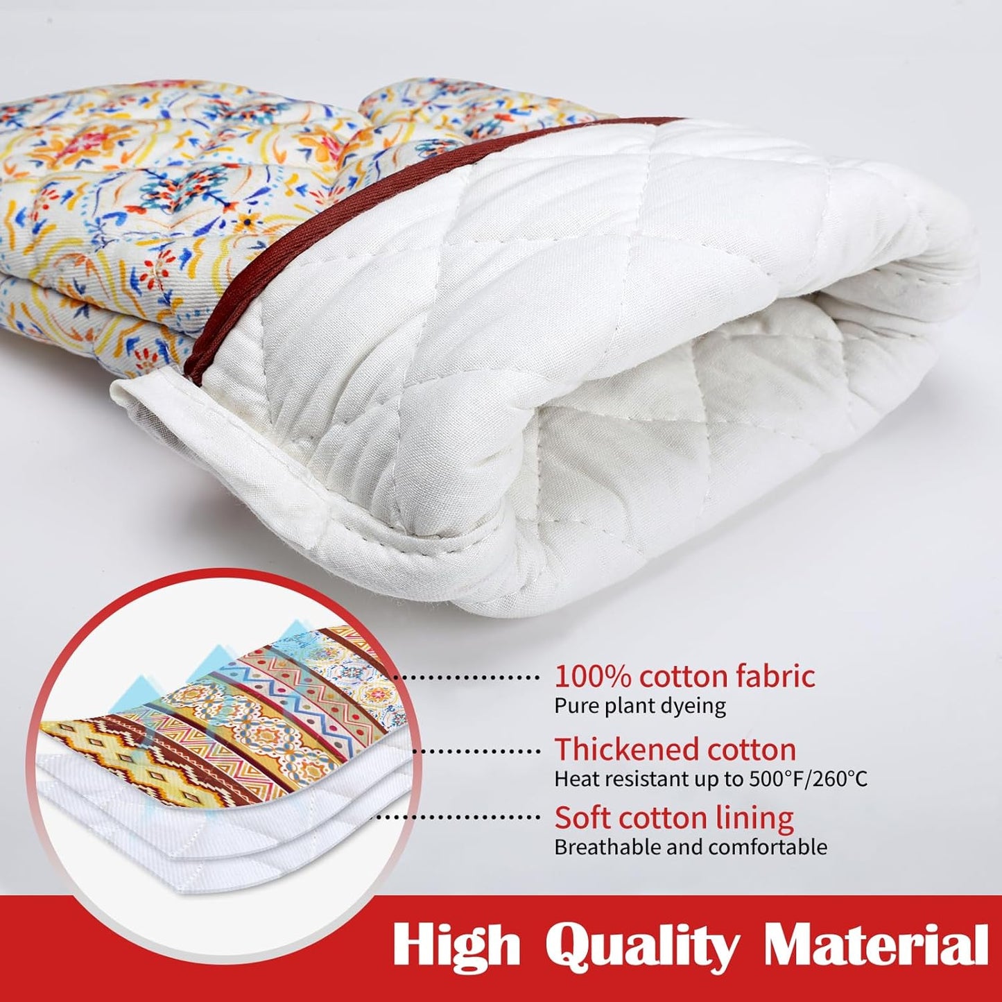 Boho Floral Oven Mitts and Pot Holders Sets 2Pcs, 100% Cotton Heat Resistant, Extra Long Oven Gloves Potholder for Kitchen Cooking Baking Decoration