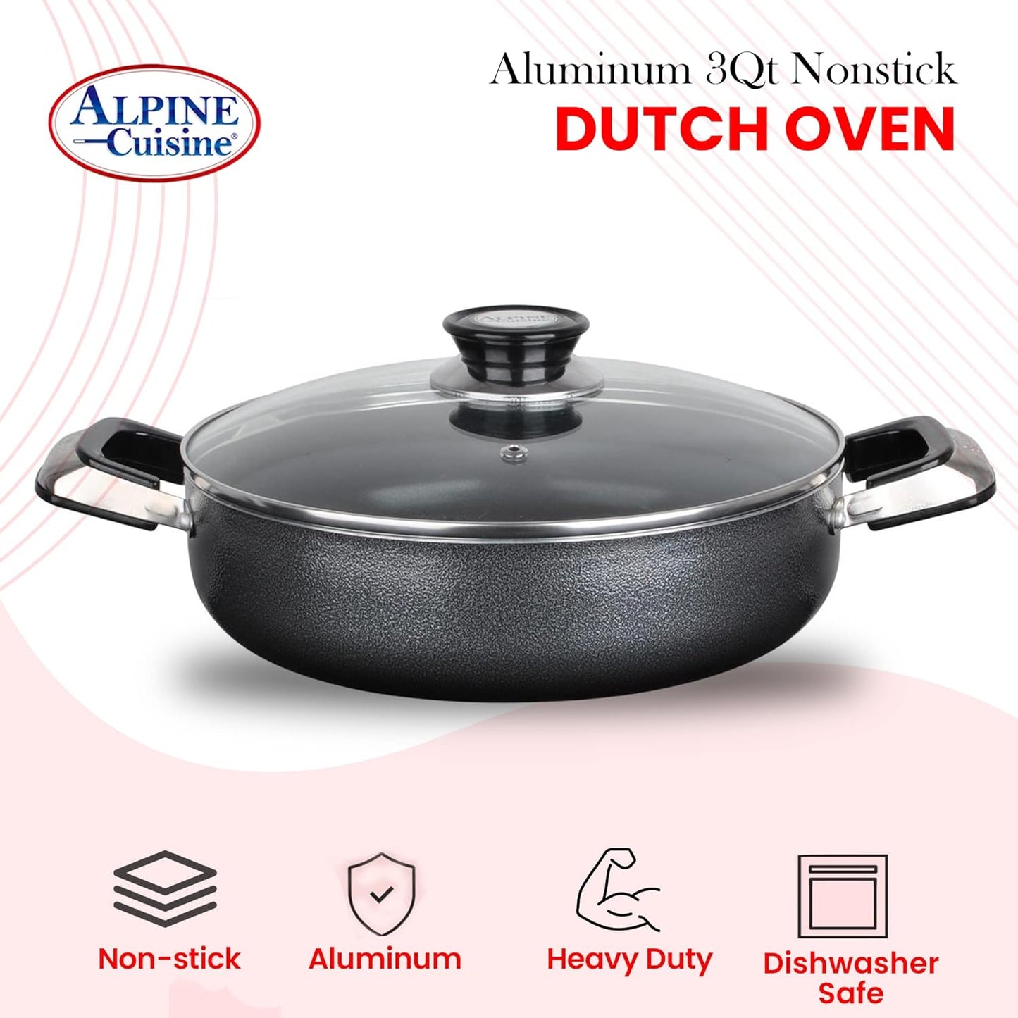 Alpine Cuisine 3 Quart Non-stick Caldero Stock Pot with Tempered Glass Lid and Carrying Handles, Multi-Purpose Cookware Aluminum Dutch Oven for Braising, Boiling, Stewing