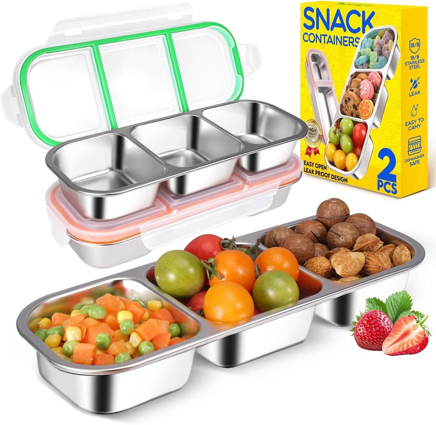 2Pack Stainless Steel Snack Containers for Kids Adults, Reusable 3 Compartment Snackle Box Container with Leakproof Lids Metal Bento Lunch Food Snack Boxs for Travel Picnics Camping Office School