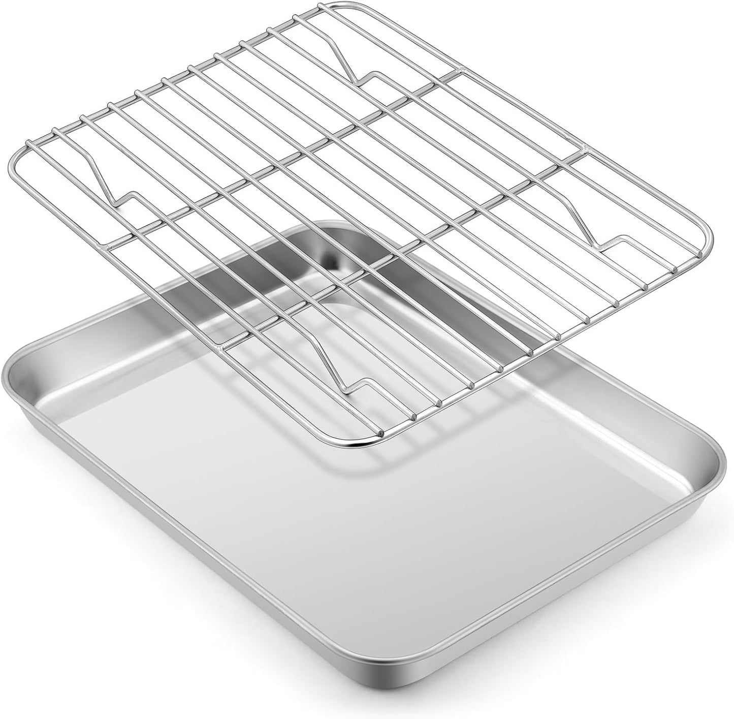 E-far Small Metal Toaster Oven Tray with Rack Set, 9.4”x7.3” Baking Sheet Broiling Pan with Stainless Steel Wire Cooling Rack, Non-Toxic Compact Bakeware for Toaster Oven - Dishwasher Safe