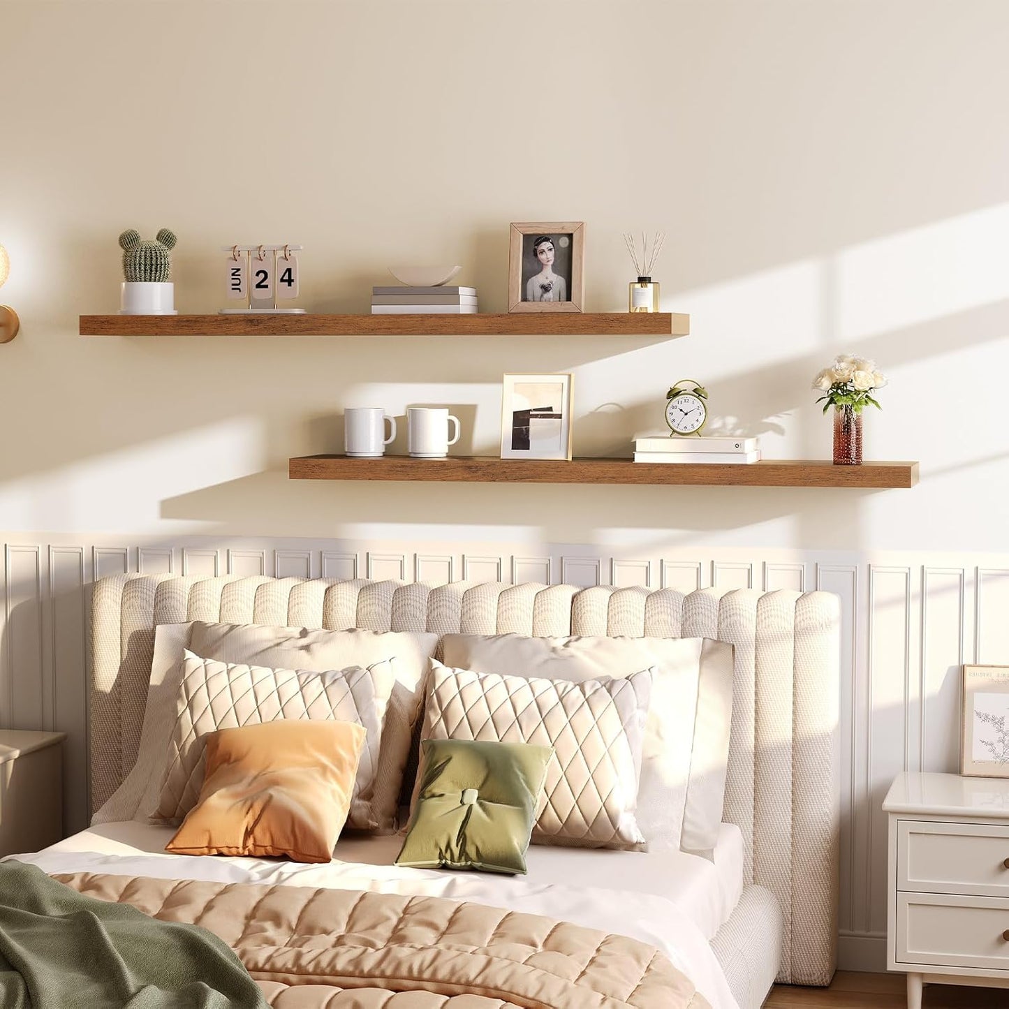 HOOBRO Floating Shelves for Wall, Wall Mounted Shelf Set of 2, 55" Hanging Shelf with Invisible Brackets, for Wall in Bathroom, Bedroom, Toilet, Kitchen, Living Room, Office, Rustic Brown BF140BJP201