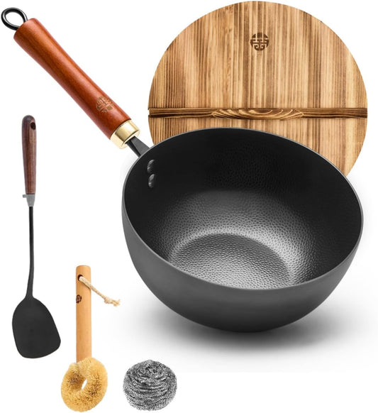 WANGYUANJI Iron Wok 8.7 Inch Deep Frying Skillet with Wooden Lid – Versatile Flat Bottom Stir-Fry Pan, Chemical-Free & Induction Compatible, Ideal Wrought Iron Small Wok for Home, Chef & Pro Use
