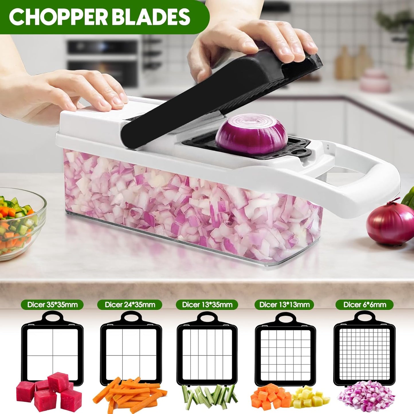 Vegetable Chopper, 10 Blades Slicer Onion Dicer, Multi 23-in-1 Veggie Mandoline Food Cutter for Tomato Fruit, Vegetable cutter with Hand Protector, Egg Separator & Slicer, Container（White）