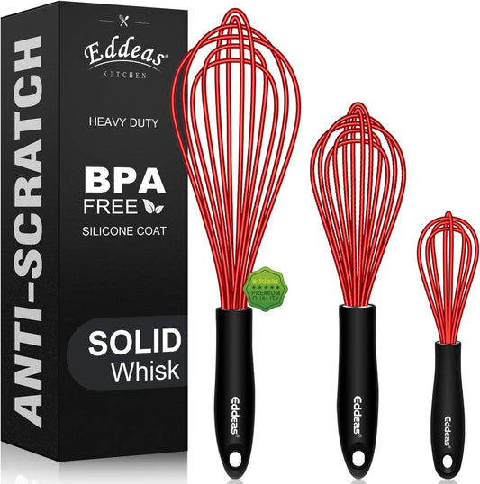 Silicone Whisk, Eddeas Stainless Steel & Silicone Non-Stick Coated Whisks set of 3-Heat Resistant (450°F) Kitchen Whisks Perfect for Blending, Whisking, Beating & Stirring, Red