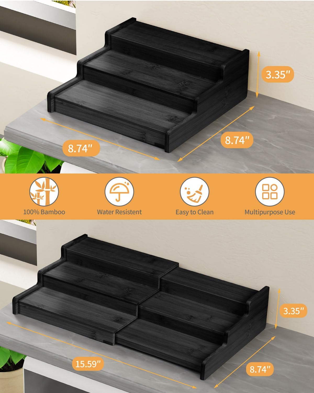 Spice Rack Organizer, 3 Tier Expandable Bamboo Spice Rack Organizer, Great for Kitchen Cabinet, Cupboard, Pantry and More-Black