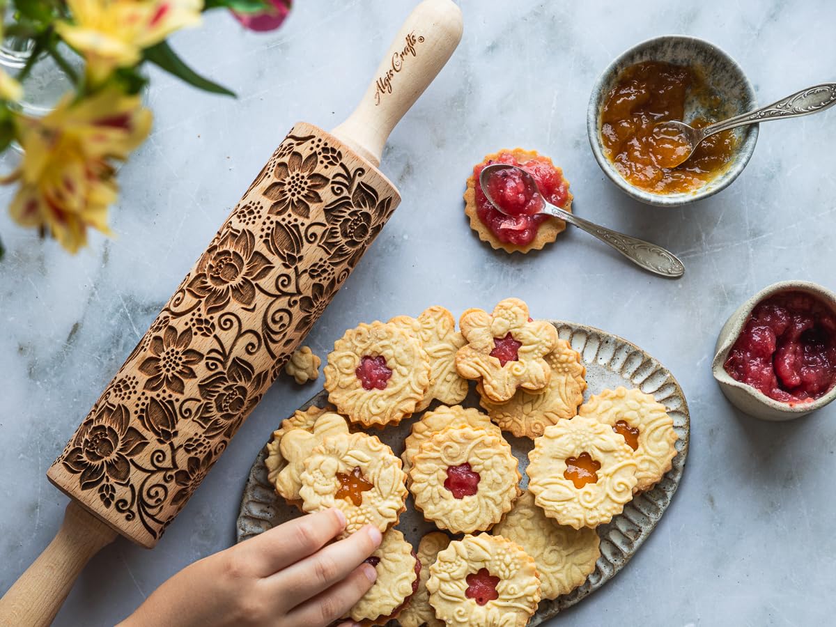 Embossing Rolling Pin VERONICA with Elegant Bloom Pattern – Dough and Clay Roller for Embossed Cookies and Pottery - Cookie and Ceramic Stamp - Baking Gifts for Women by Algis Crafts