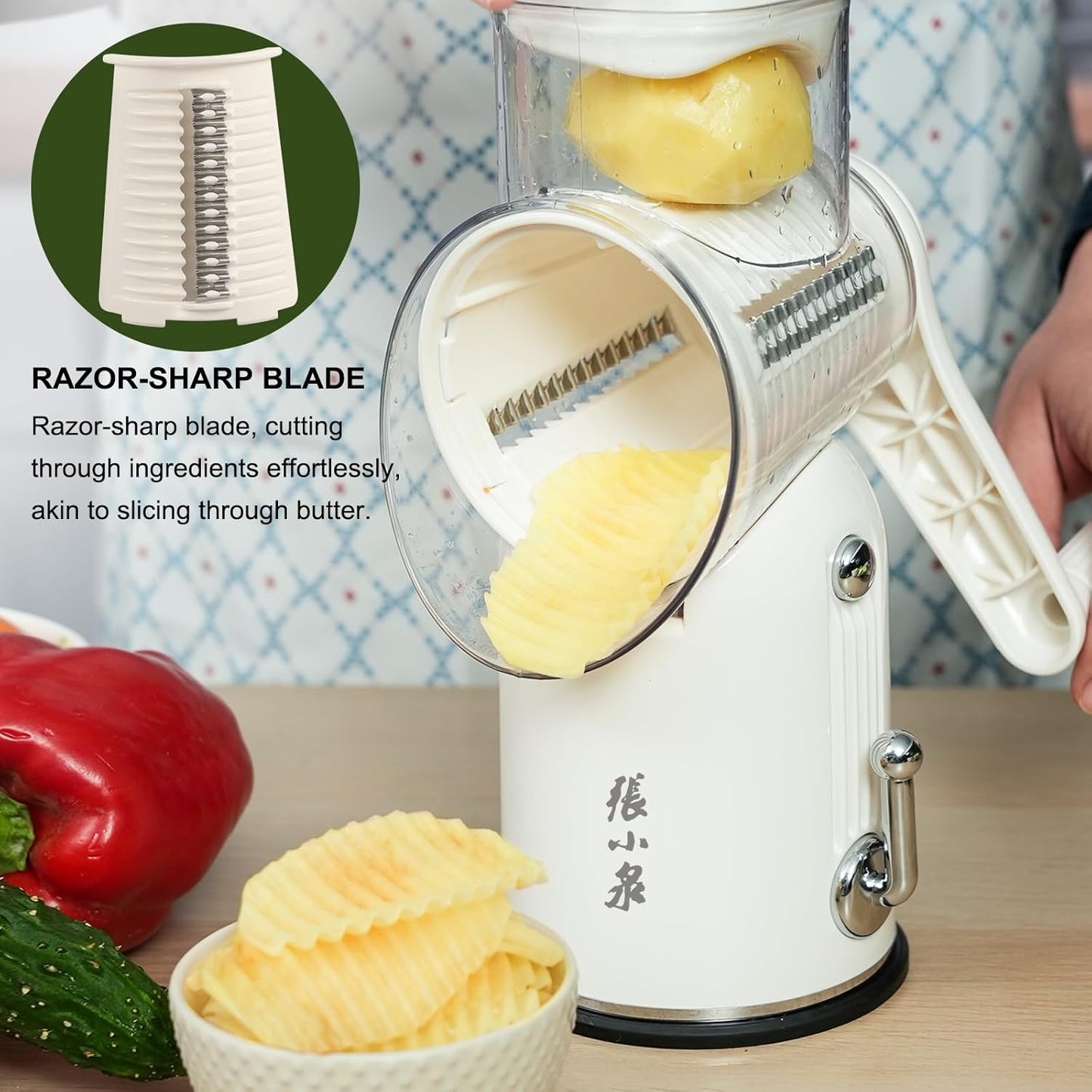 ZHANG XIAO QUAN SINCE 1628 5-in-1 Interchangeable Blades Rotary Cheese Grater Hand Crank, Cheese Shredder Mandoline Vegetable Julienne Slicer Cutter Nut Chopper with Anti-Slip Base, Blade Storage