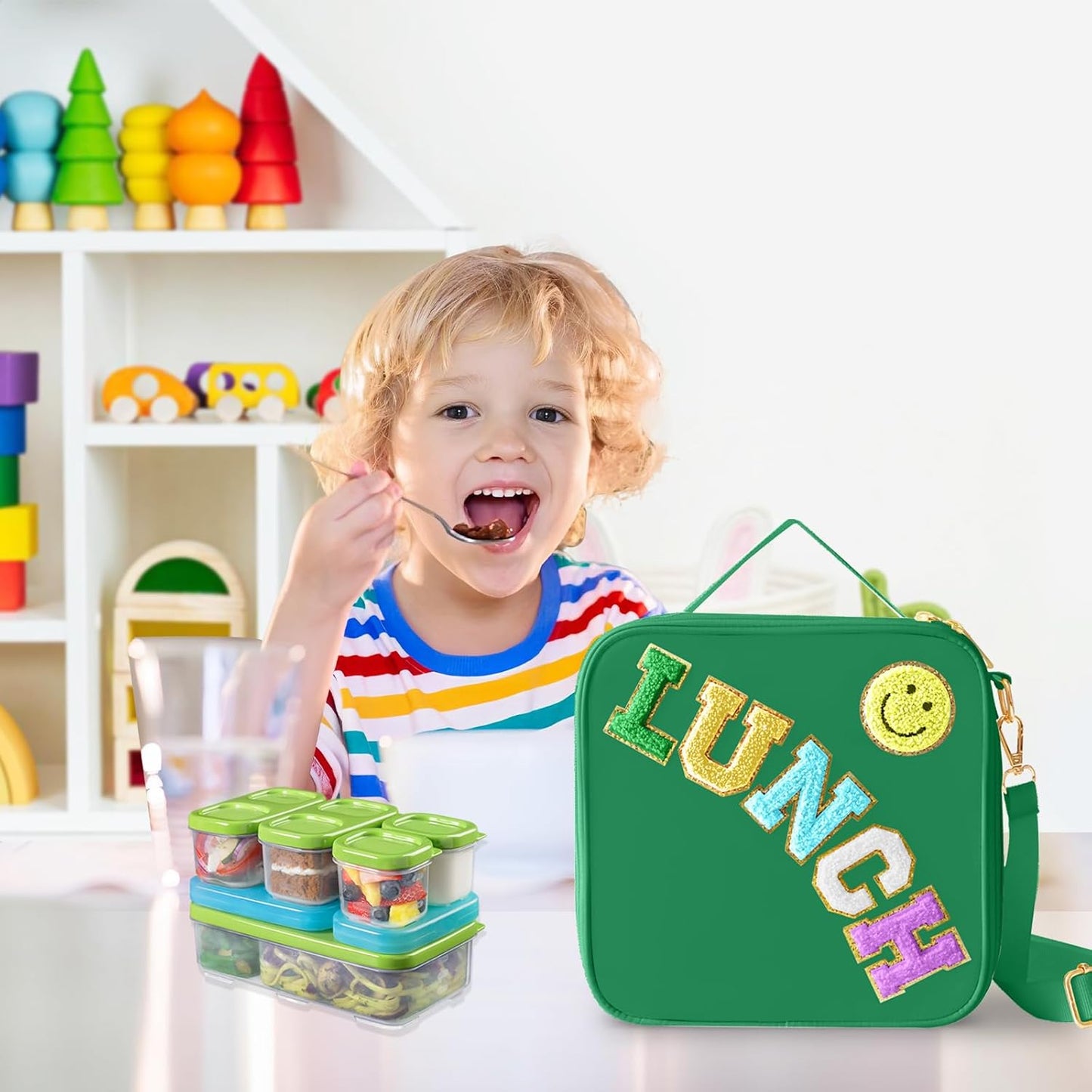 Insulated Lunch Bag With Adjustable Shoulder Strap, Nylon Preppy Lunch Box Large Insulated Lunch Bag Reusable Lunch Tote Bag with Smiley Preppy LunchBag for Girls School Travel Picnic (Dark green)