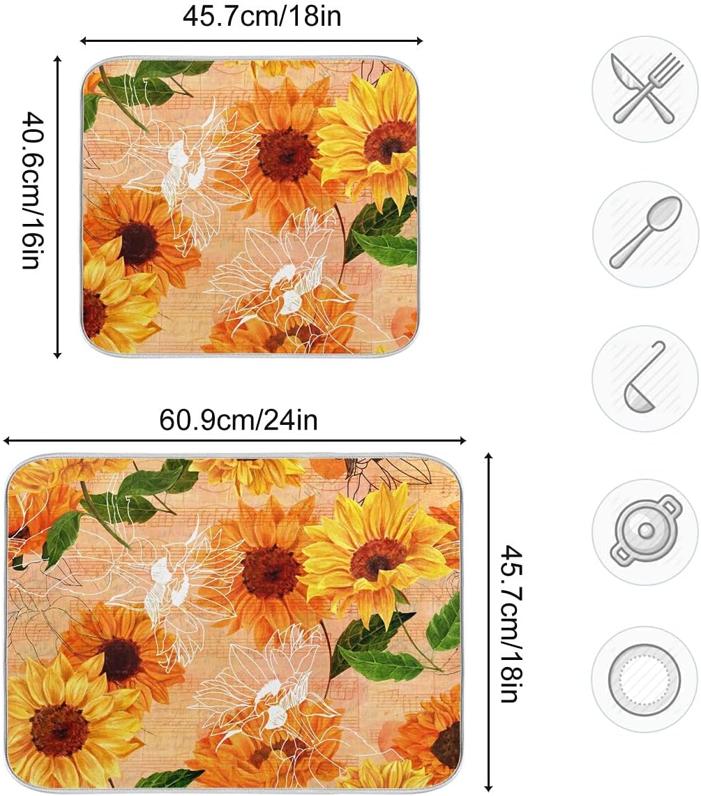 Super Absorbent Dish Drying Mat, Microfiber Fast-Drying Dish Mat, 16" x 18", Kitchen Dish Drying Pad, Watercolor Sunflowers