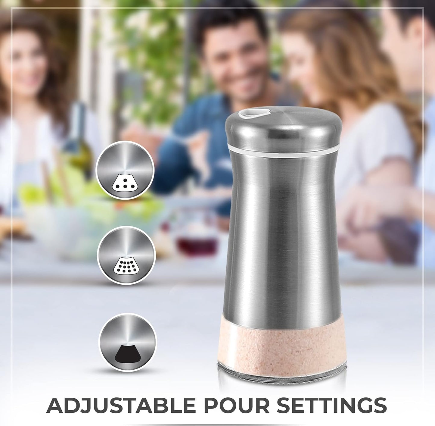 Salt Shaker or Pepper Shaker with Adjustable Pour Holes - Elegant Stainless Steel Spice Dispenser - Perfect for Himalayan, Table Salt, White and Black Pepper (Salt Shaker)
