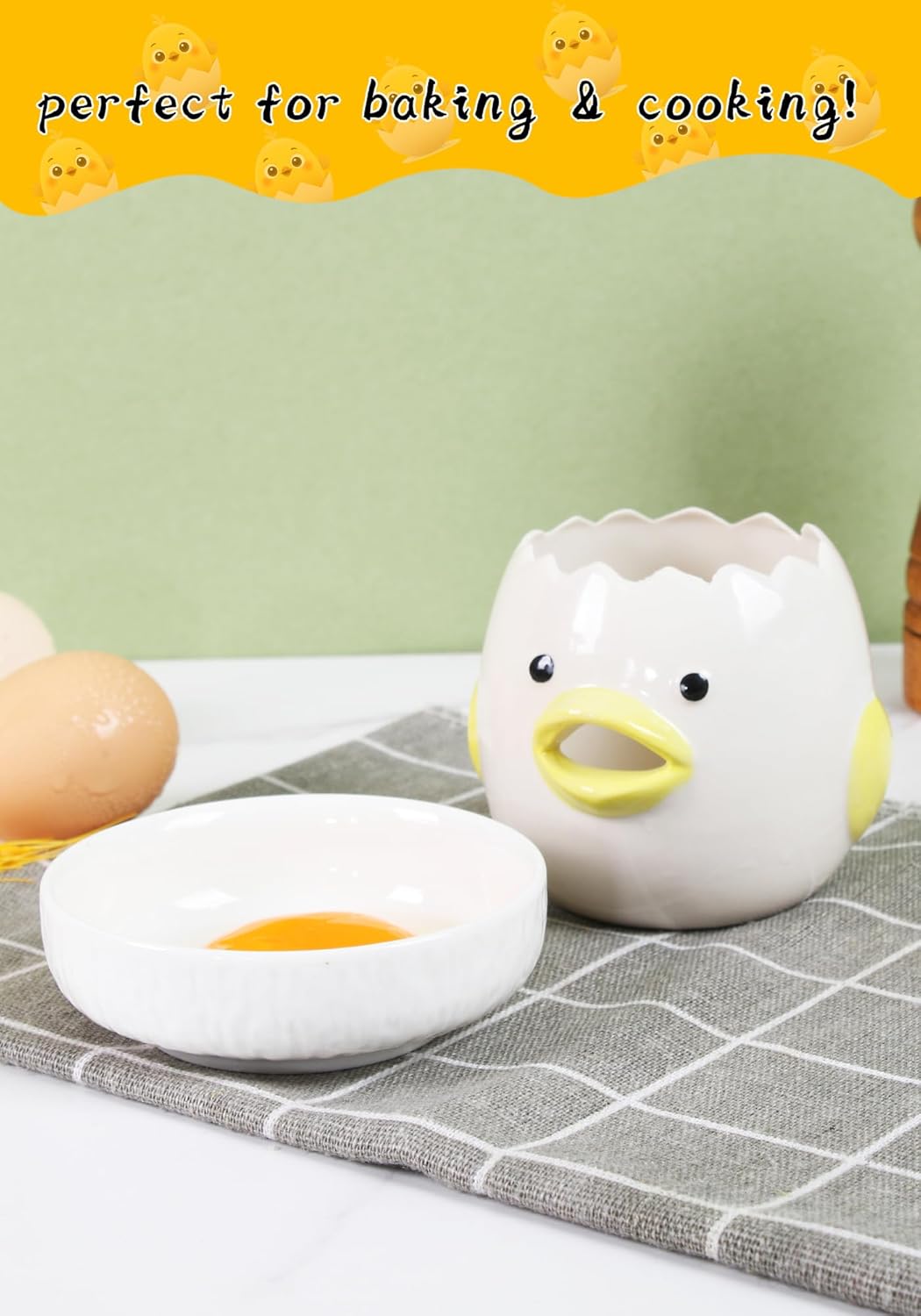 2Pcs Cute Egg Separator, Ceramics Vomiting Chicken Egg Yolk White Separator, Practical Household Small Egg Filter Splitter, Kitchen Gadget Baking Assistant Tool, Dishwasher Safe (2)