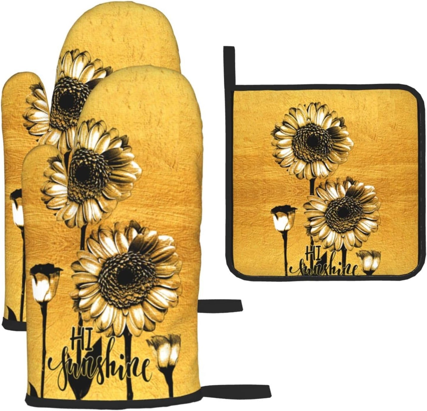 Sunflower Oven Mitts and Pot Holders Sets, Heat Resistant Gold Kitchen Oven Glove for Kitchen BBQ Baking Grilling Cooking, Sunflower Gifts for Women Cooks Bakers Cooking Lover