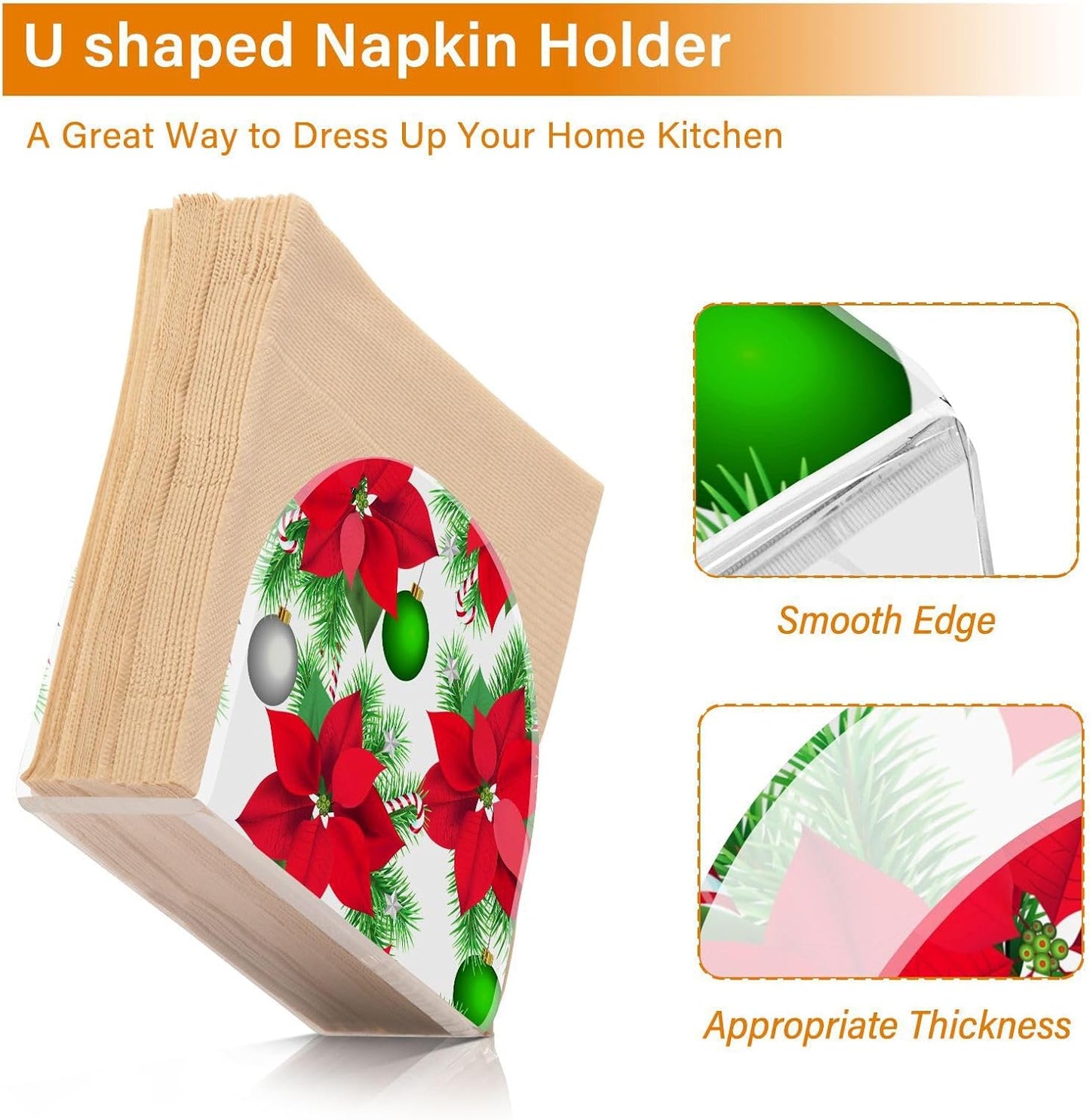 Christmas Poinsettia Flowers Balls Napkin Holder for Table Paper Napkins Holder Acrylic Tissue Dispenser Kitchen Dining Room Bathroom Party Car Decor