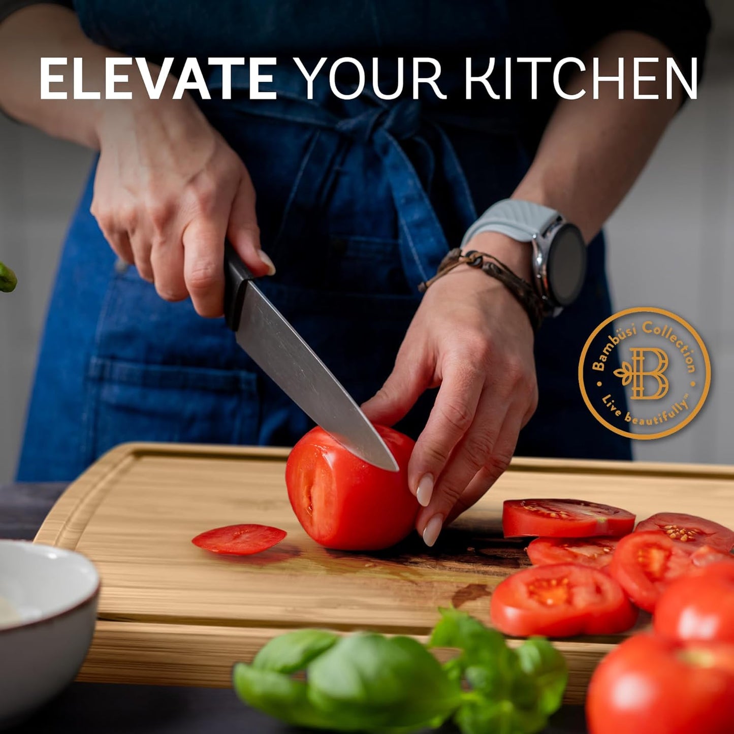 Wood Cutting Board - 4 Piece Bamboo Cutting Board Set, Wooden Cutting Boards for Kitchen with Deep Juice Groove, Side Handles - Chopping Boards for Meat, Vegetables, Charcuterie - Kitchen Gift Set