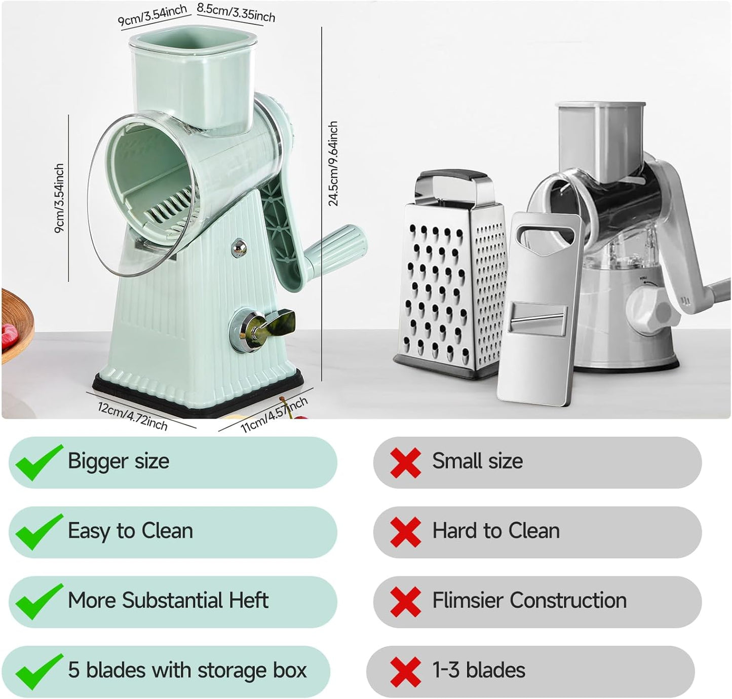 Rotary Cheese Grater, Vegetable Shredder 5 in 1 Cheese Grater with Handle edder Reinforced Suction,Easy to Clean,Kitchen Chopper for Crushed Ice,Fruits and Nuts with Blade Storage Case（Green）