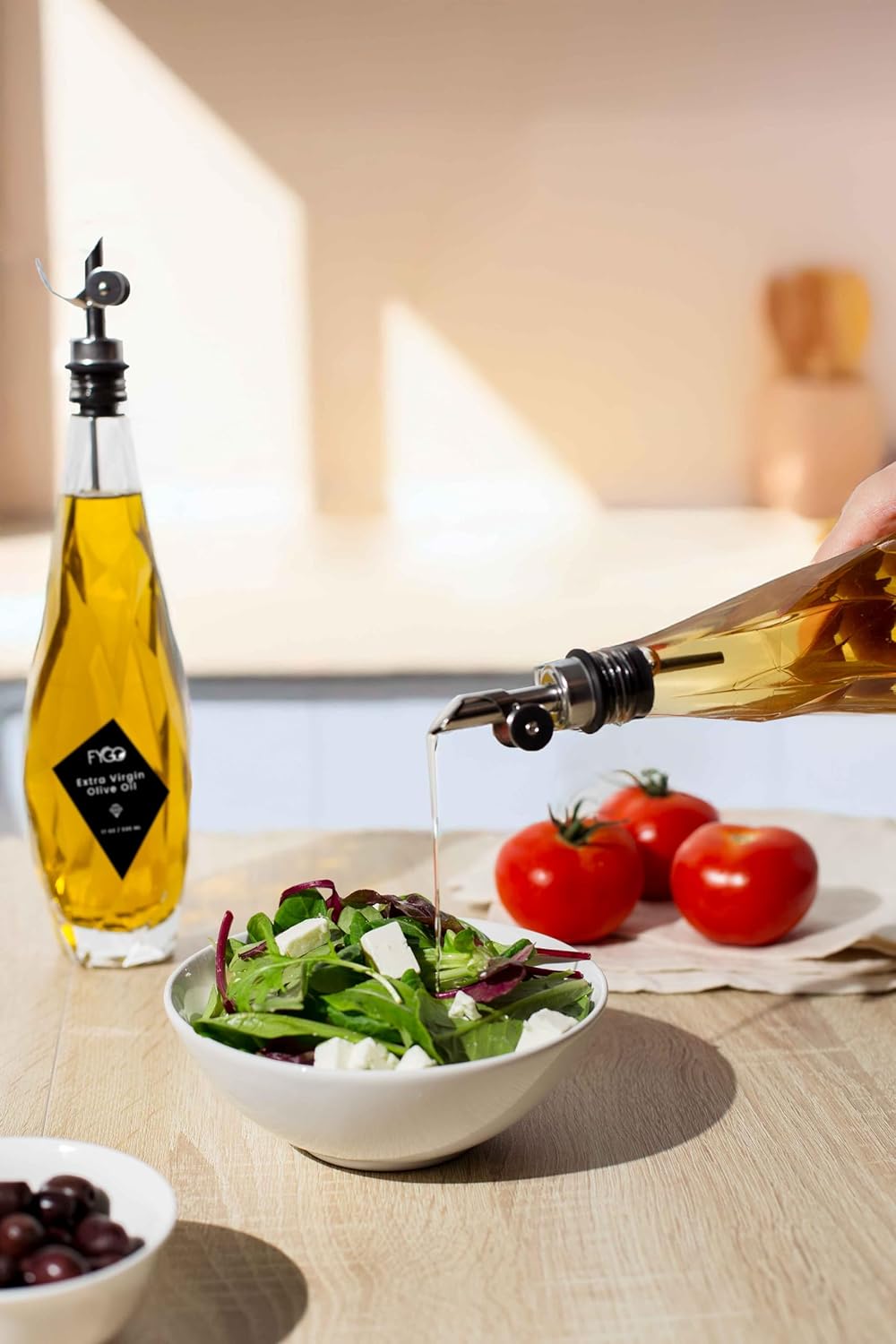 FYGO Diamond Lux Glass Olive Oil Bottle Set – 500ml Oil & Vinegar Dispenser with Pourer and Funnel, Kitchen Container (Set of 2)