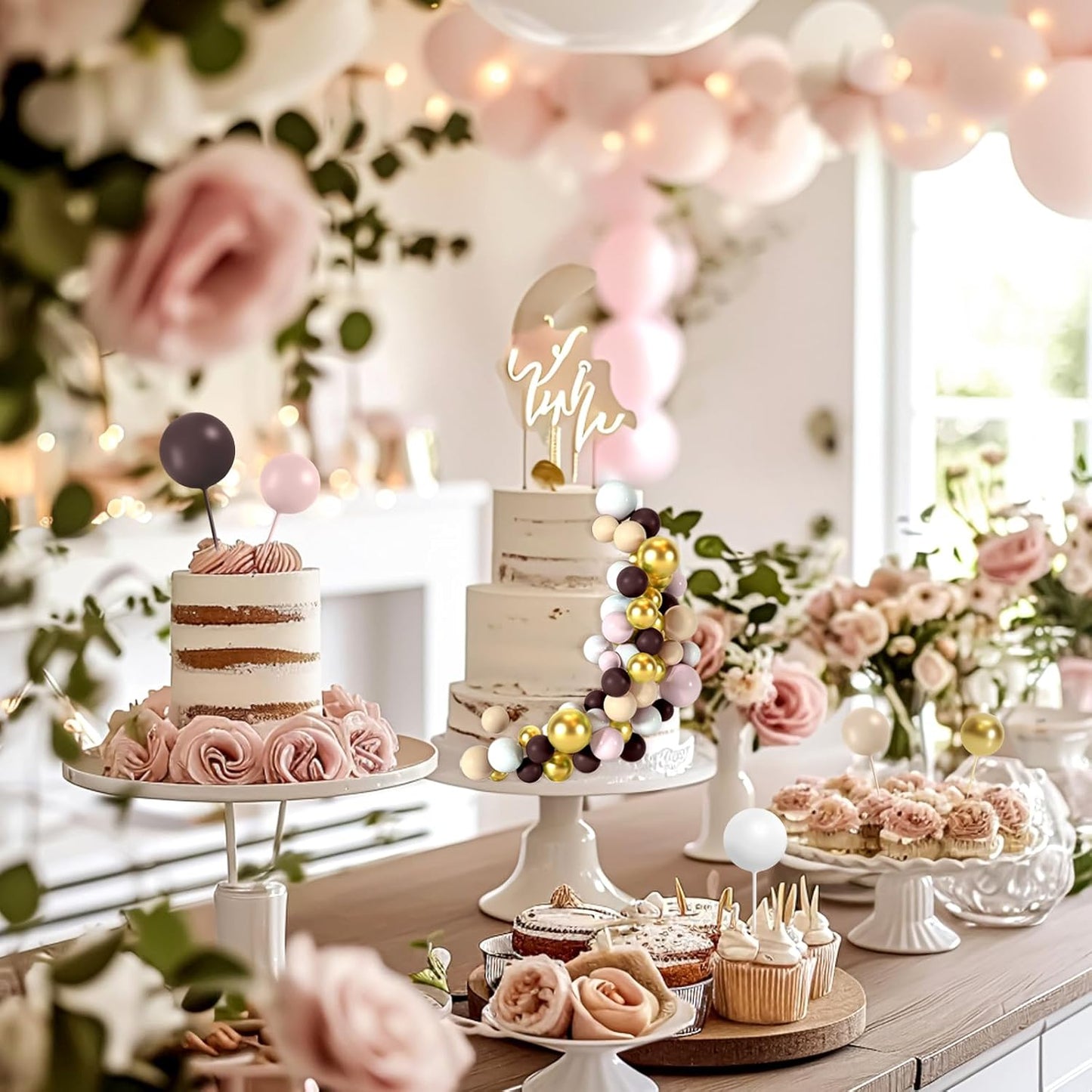 48 Pcs Balls Cake Topper Decorations Balloon Cupcake Toppers Foam Cake Topper Balls for Birthday Party Wedding Cake Decorating(Brown,White,Gold)