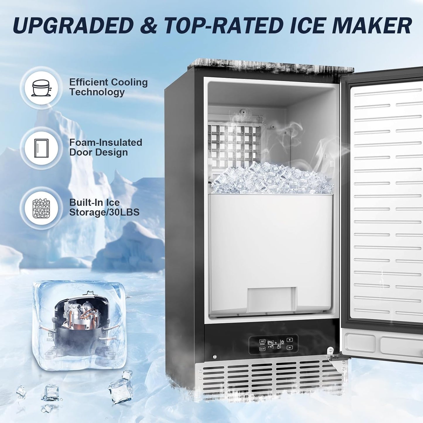 120LBS/24H High Output - Commercial Under Counter Ice Maker with 30LBS Storag e- Reversible Door, Built-in/Freestanding Design, Self-Cleaning & 24H Timer - for Home Bars, Restaurants & Commercial Use