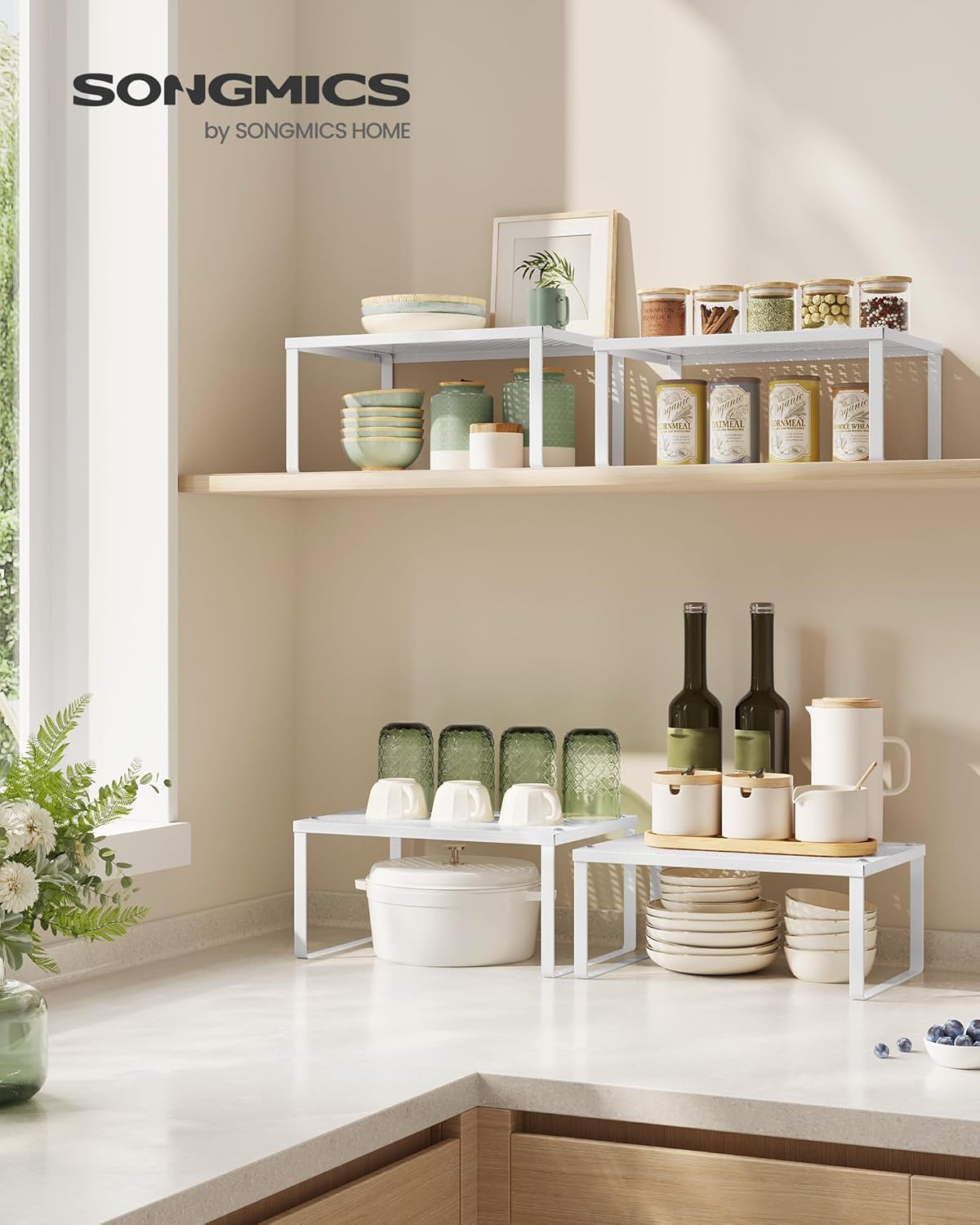 SONGMICS Spice Racks, Set of 2 Metal Cabinet Shelf Organizers, Countertop Organizers, Shelf Risers, Stackable, Expandable, White UKCS01WT