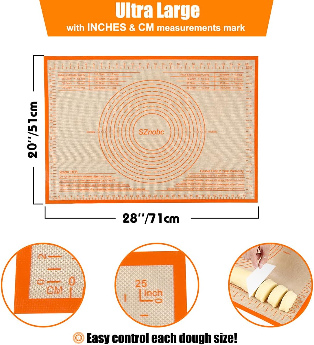 Non-slip Silicone Pastry Mat 28X20 inches Baking Mat with Measurement, Perfect for Dough, Pastry, Pie Crust, Fondant, Cookies, Bread, Pasta, Pizza, Food Grade Kitchen Counter Mats
