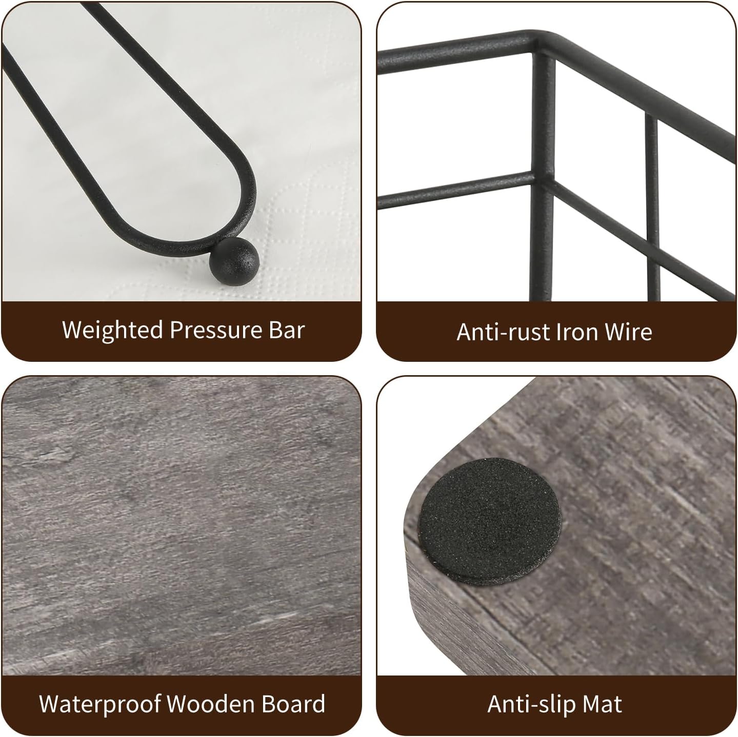 YINMIT Flat Napkin Holder for Table Wood, Gray Farmhouse Napkin Holders with Weighted Arm, Rustic Metal Square Napkin Holder Organizer for Kitchen Bathroom Dining Table