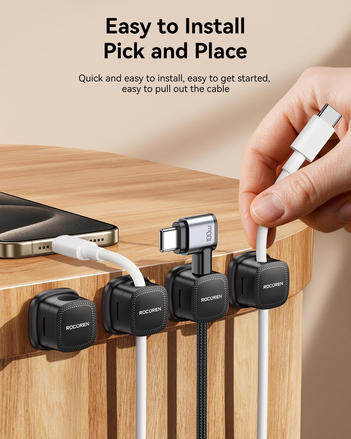 18 Pack Cable Management Cord Organizer,Magnetic Cable Clips-1s Lock,Rocoren Desk Adhesive Cord Cable Clip Wire Holder Keeper for Phone Charger Wire,Nightstand,Car,Office,Desktop Accessory,Black
