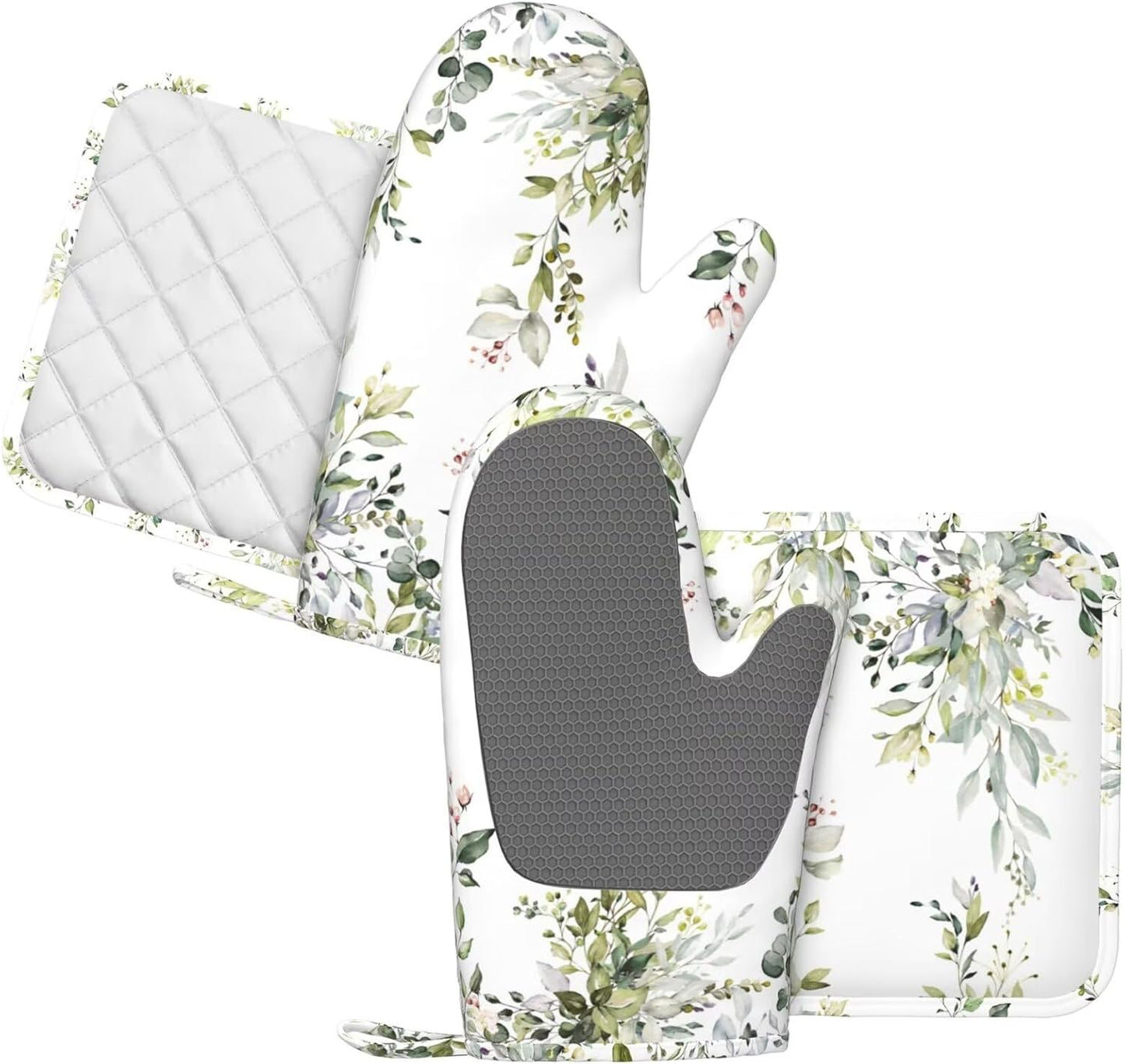 Sage Green Eucalyptus Oven Mitts and Pot Holders Sets Silicone Watercolor Butterfly Leaves Kitchen Mitts Potholders Heat Resistant 4Pcs Oven Gloves Hot Pads for Kitchen Baking Cooking