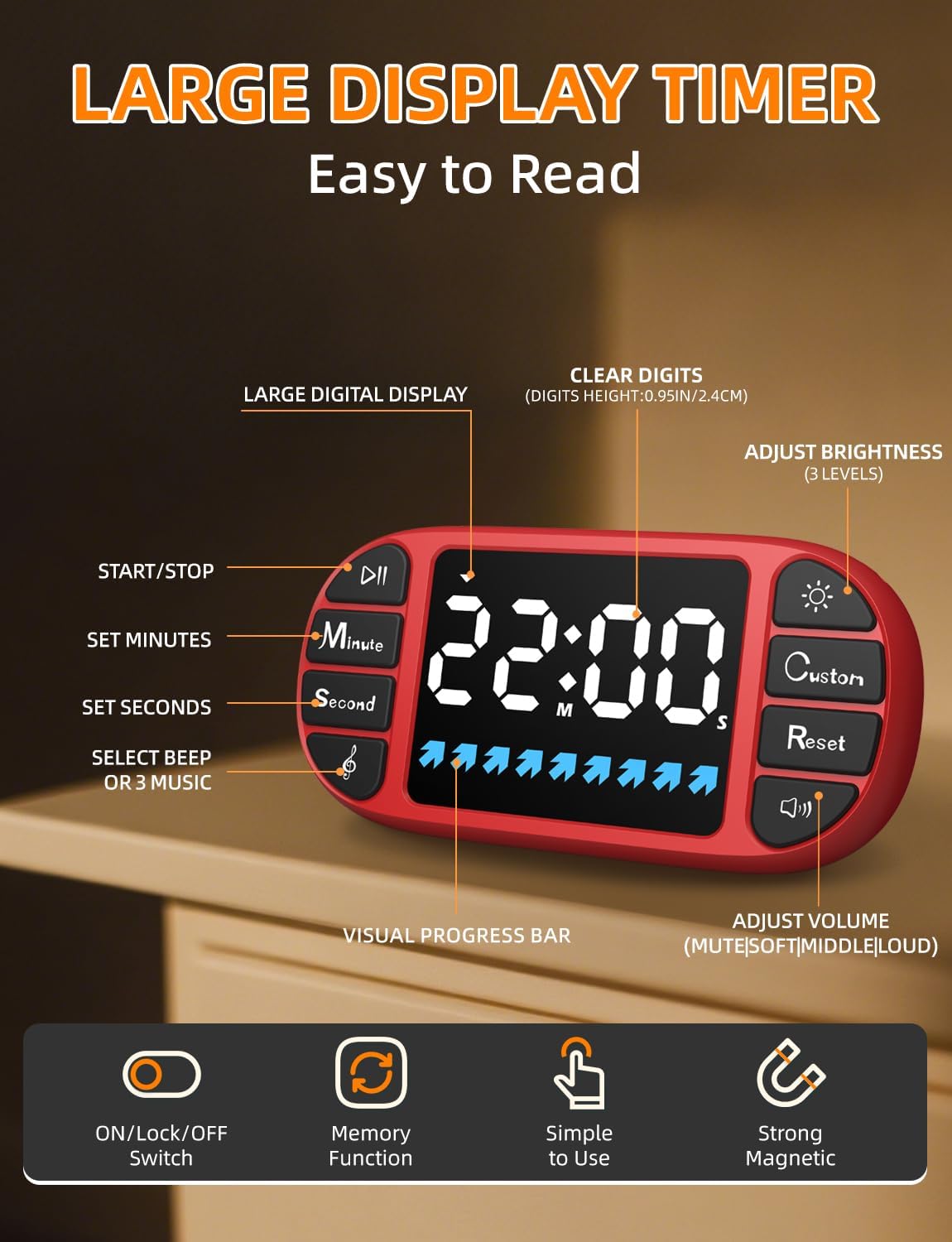 DOOMAY Digital Kitchen Visual Timer: 3.6'' Large LED Display, Magnetic, 3 Brightness, 4 Alarms and Volume, Memory Function, Countdown Count up for Cooking, Classroom, Home Gym, AAA Battery Included