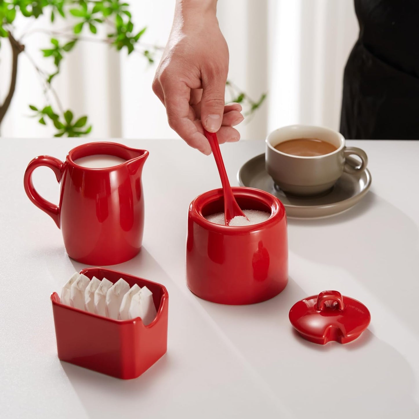 Kook Sugar and Creamer Set, 3 Piece, Pitcher, Sugar Bowl with Lid and Spoon, Sweetener Holder (Red)