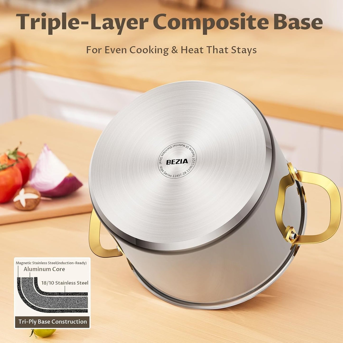 BEZIA 12 Quart Stainless Steel Stockpot with Lid, Induction Compatible Large Cooking Pots, Triple-Layer Bottom for Even Heat, Pasta & Soup Pot for Canning, Stews, and Bulk Cooking, Dishwasher Safe