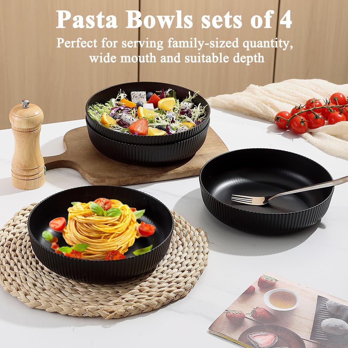 Kyraton Pasta Bowls Set of 4, 37oz Salad Bowls Soup Bowls Large Pasta Serving Bowl Plastic Unbreakable Serving Dishes Dinner Bowls (Black)
