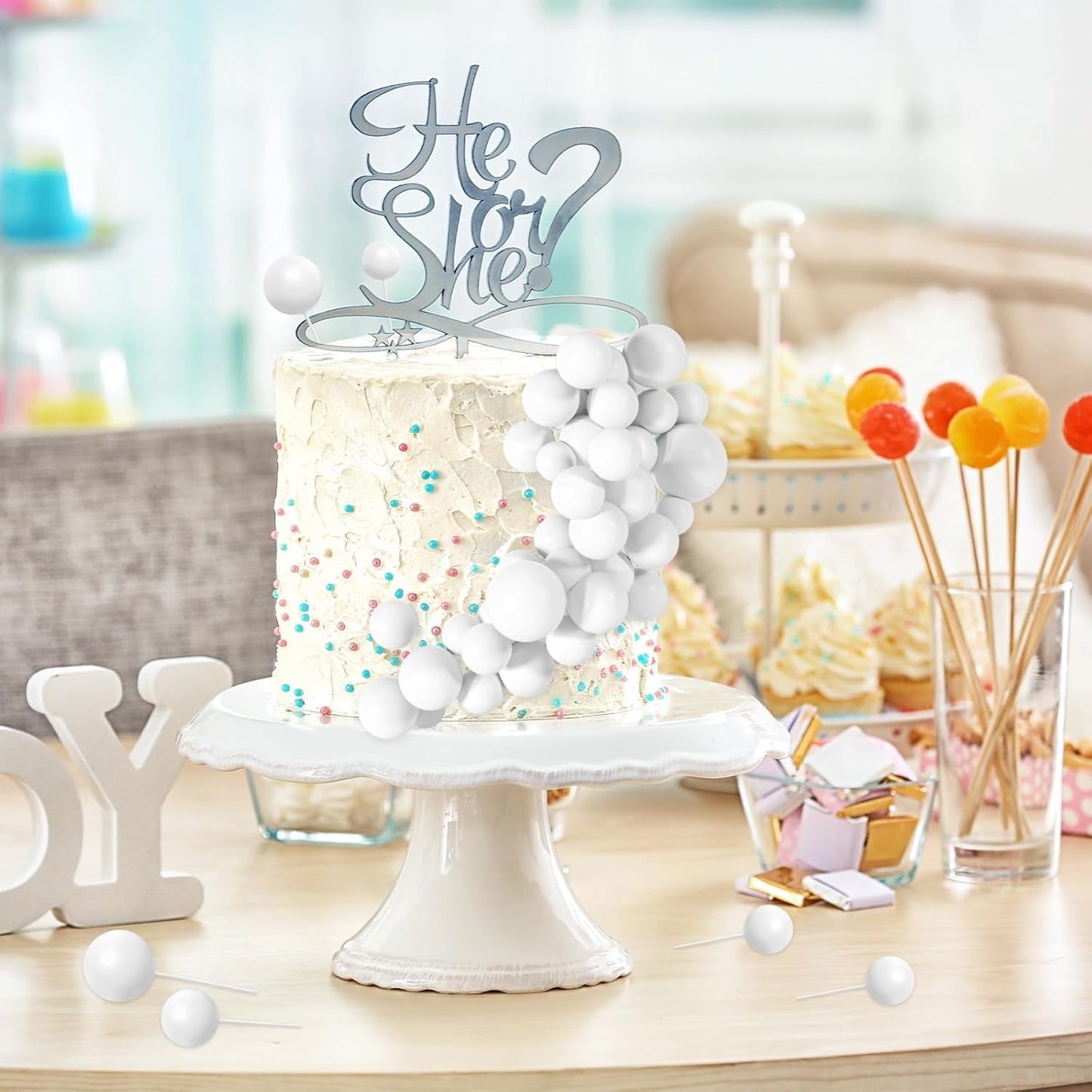 48 Pcs White Balls Cake Topper Decorations Balloon Cupcake Toppers Foam Cake Topper Balls Cake Balls Decorations for Birthday Party Wedding Anniversary Cake Decorating