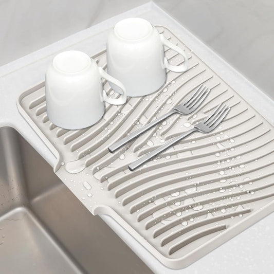 Silicone Dish Drying Mat for Kitchen Counter, Dish Drying Pad, Non-Slip Drain Pad with Built-in Drain, Heat Resistant Stone Drying Mat(15.8" x 13", Cream)