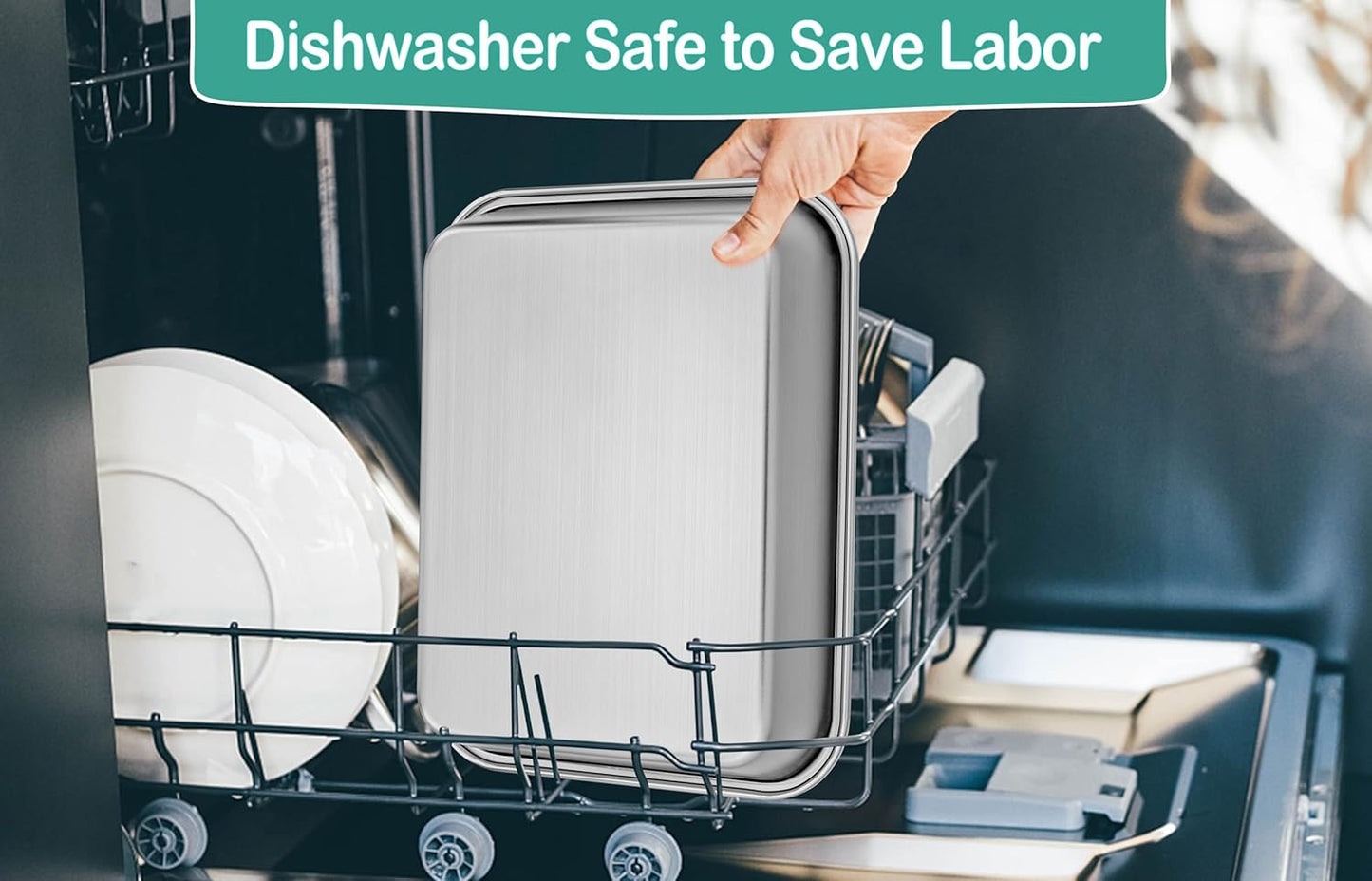 TeamFar Lasagna Pan, 10.5 x 8 x 1.7 inch Stainless Steel Rectangle Cake Pan Brownie Pan Set for Roasting Baking, Non Toxic & Healthy, Oven & Dishwasher Safe, Brushed Surface & Wider Edge - Set of 2